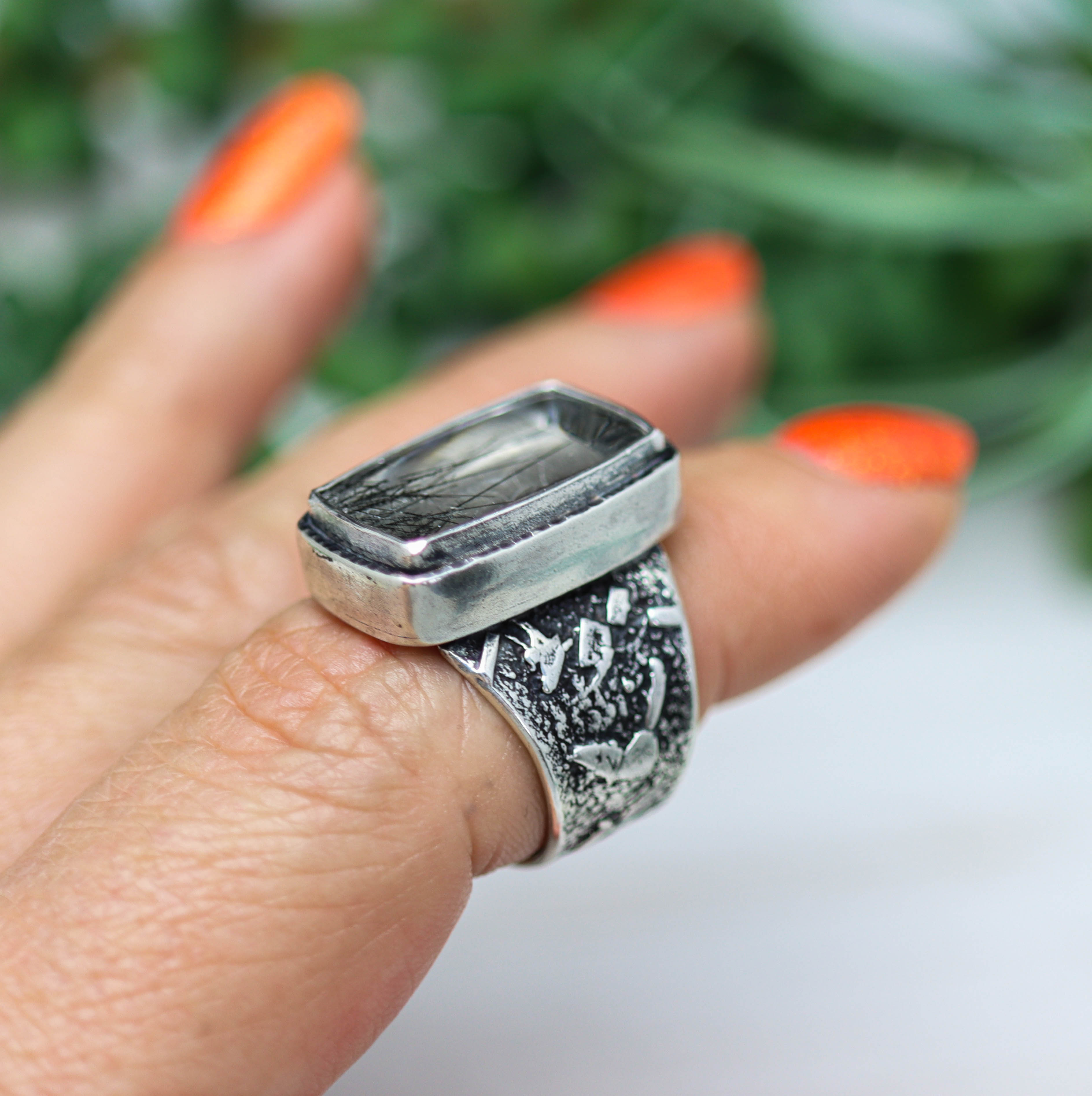 Black Tourmalinated Quartz Sterling Silver Wide Band Ring