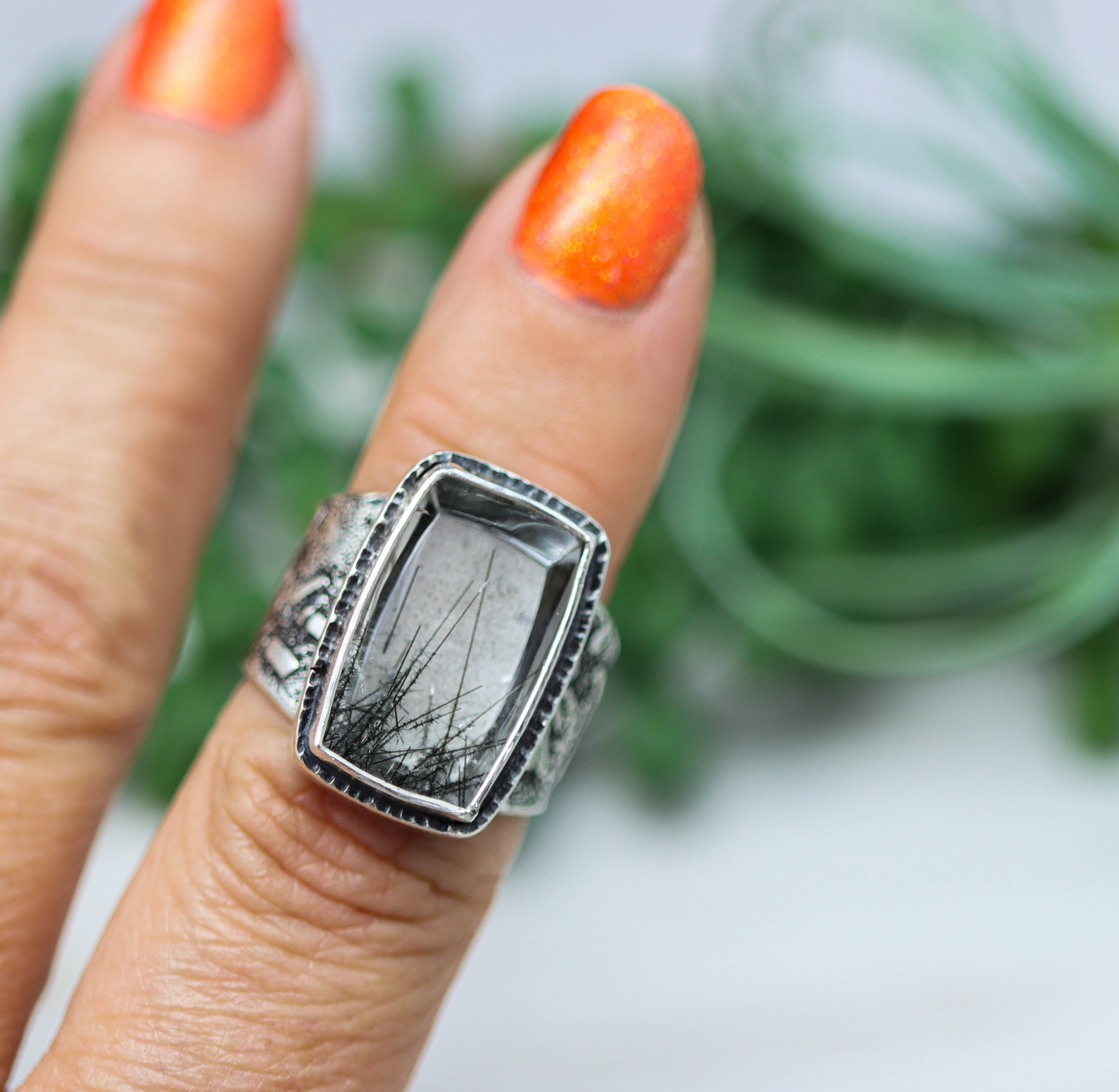 Black Tourmalinated Quartz Sterling Silver Wide Band Ring