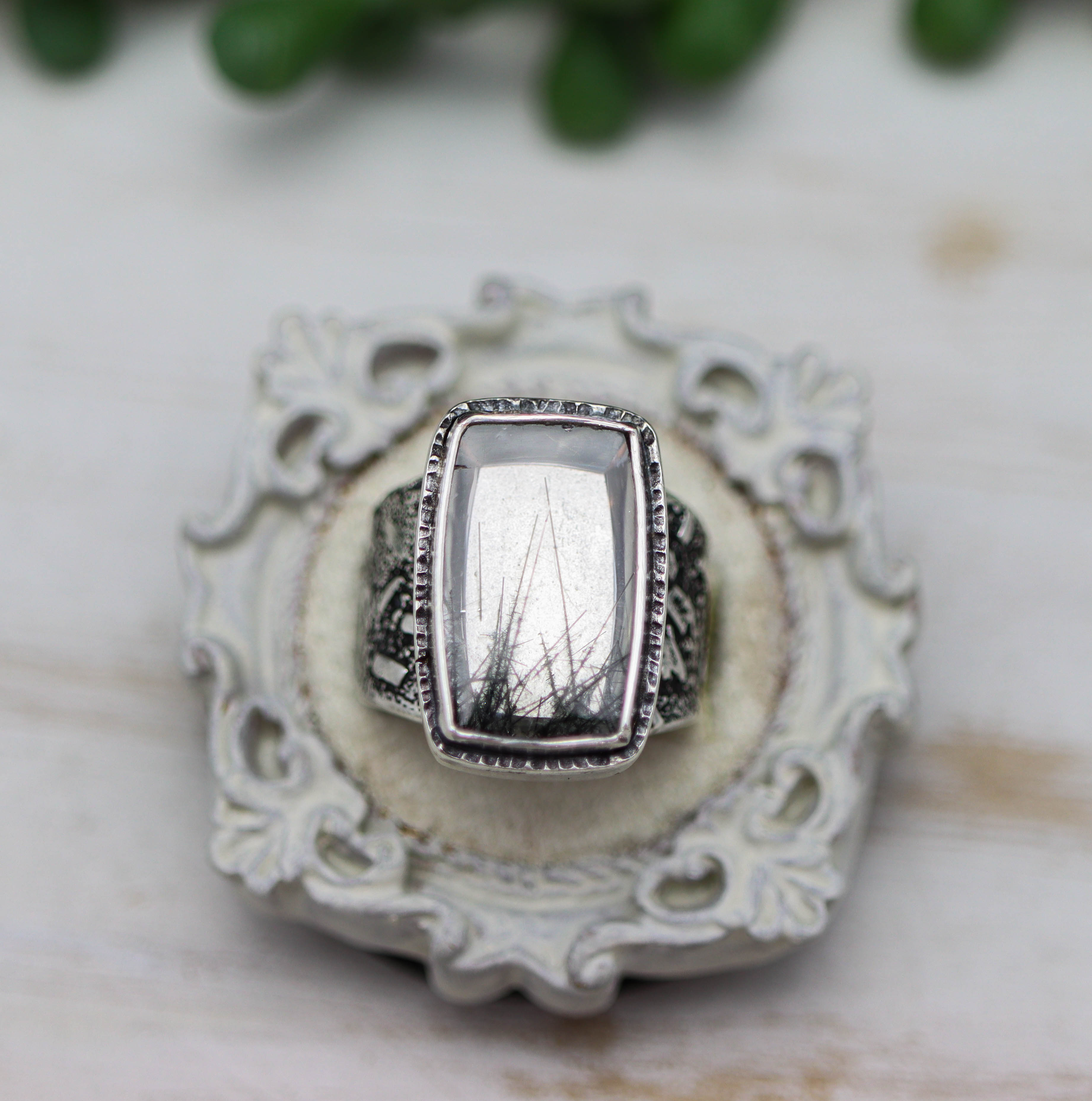 Black Tourmalinated Quartz Sterling Silver Wide Band Ring