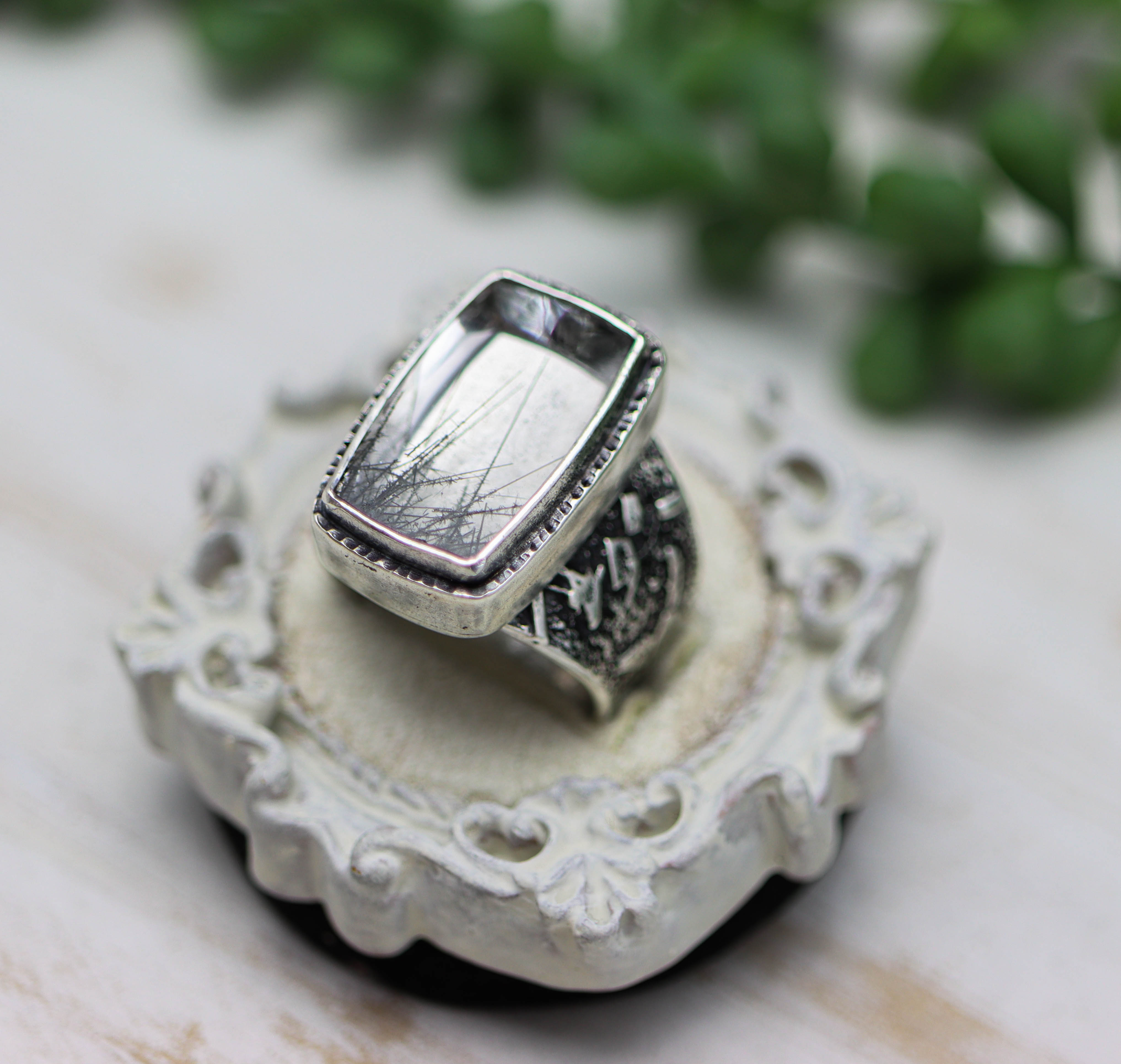 Black Tourmalinated Quartz Sterling Silver Wide Band Ring