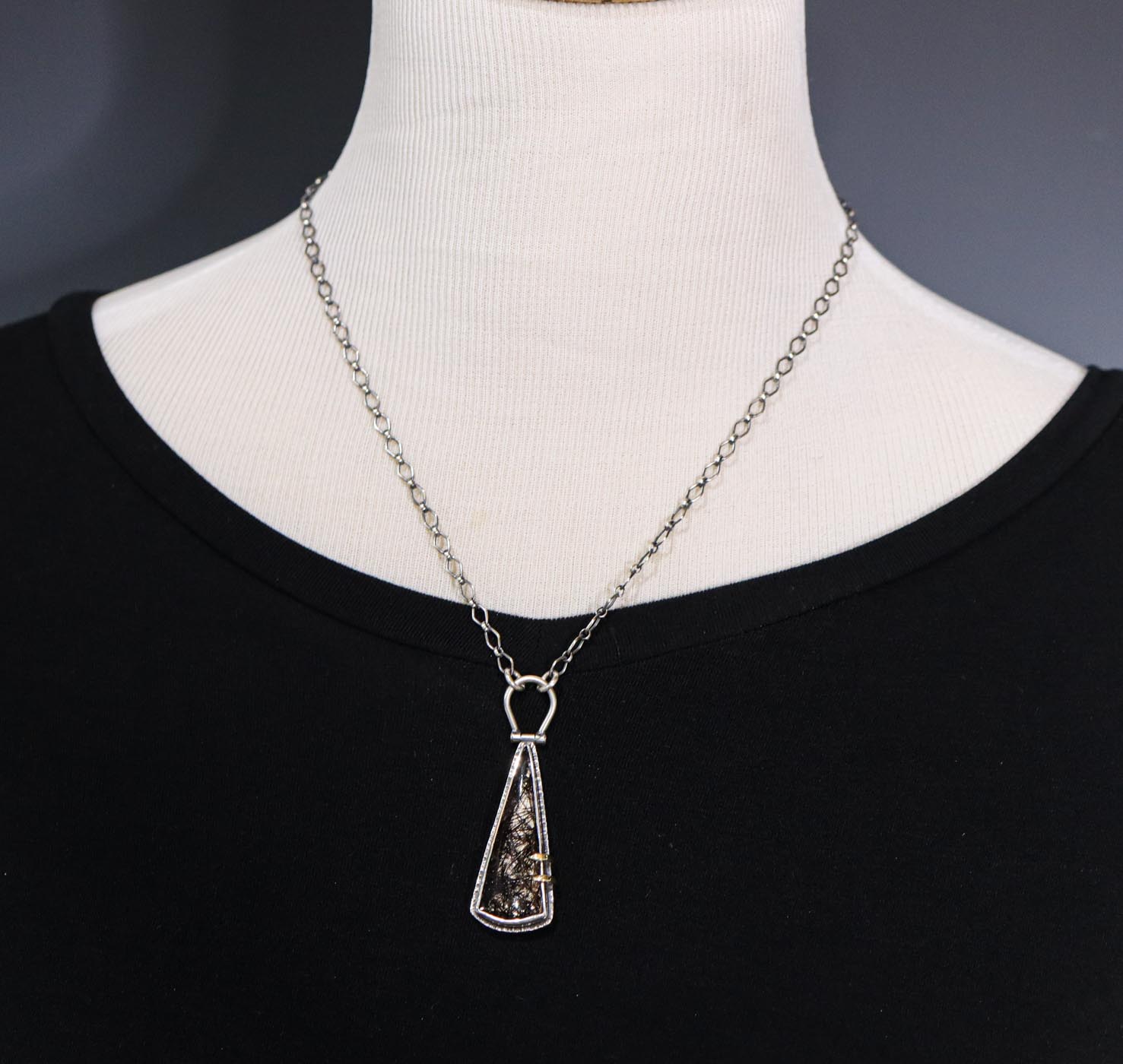 Black Tourmalinated Quartz Or Black Rutile Pendant Necklace Sterling Silver and 18k Gold