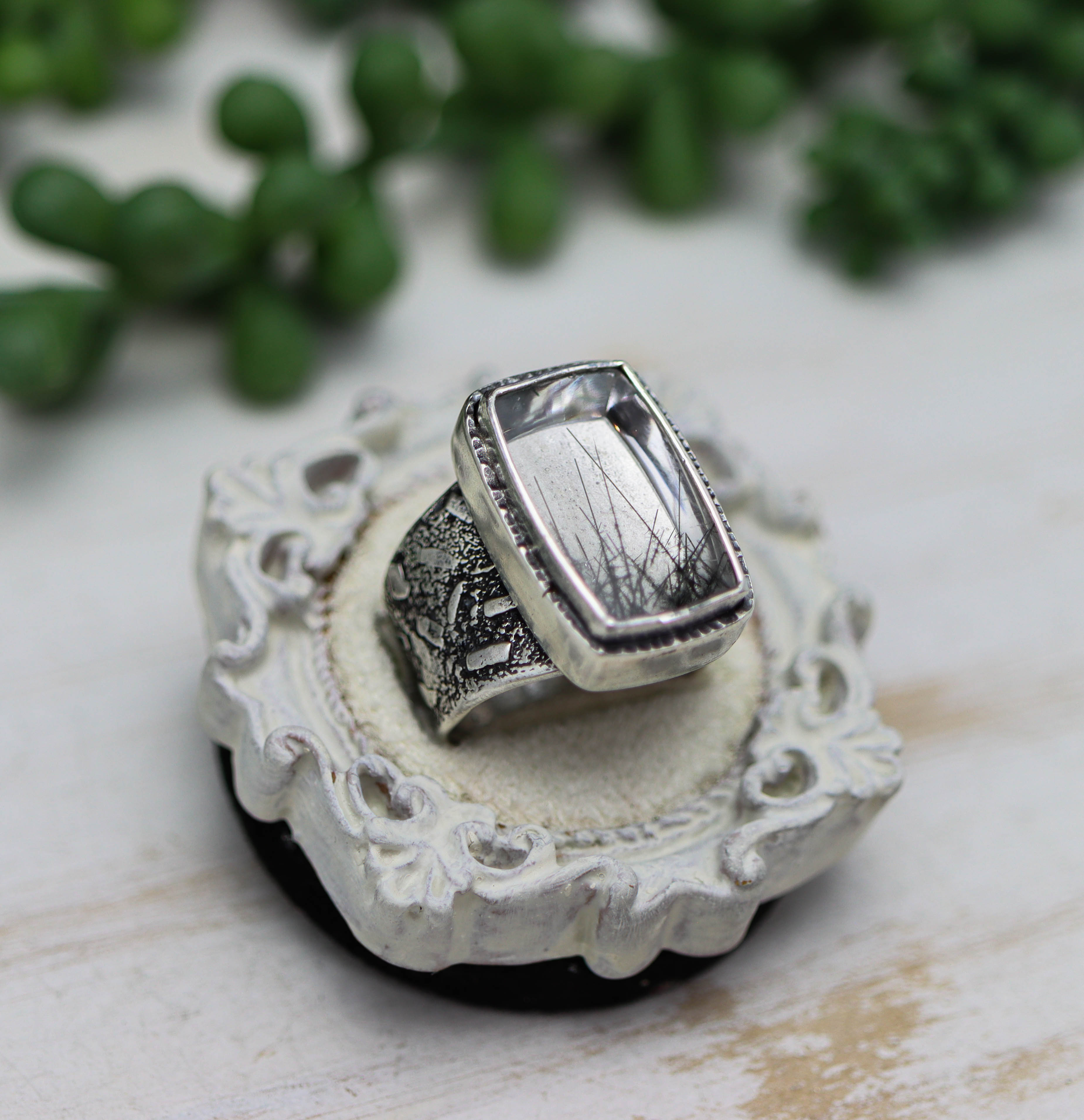 Black Tourmalinated Quartz Sterling Silver Wide Band Ring