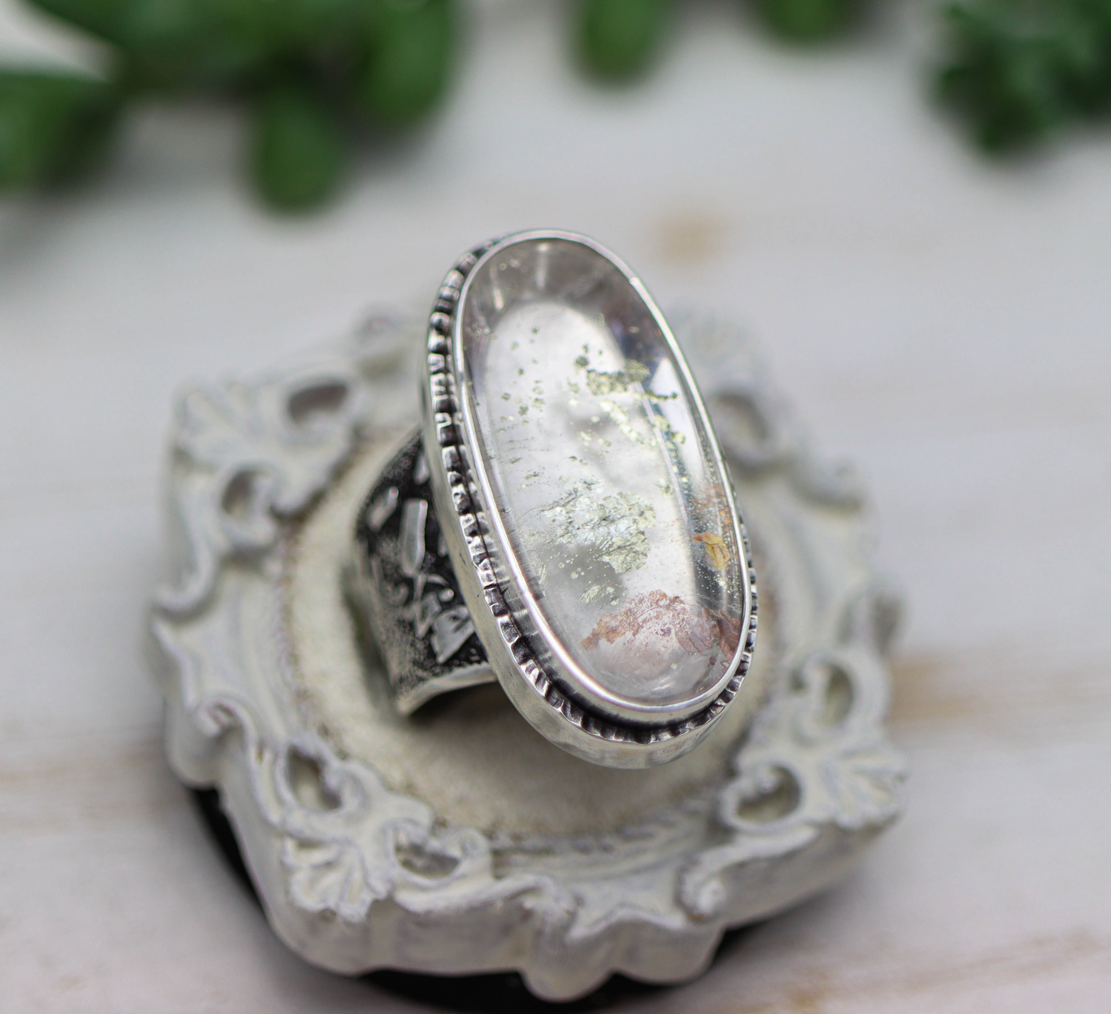 Marcasite Quartz Sterling Silver Wide Band Ring