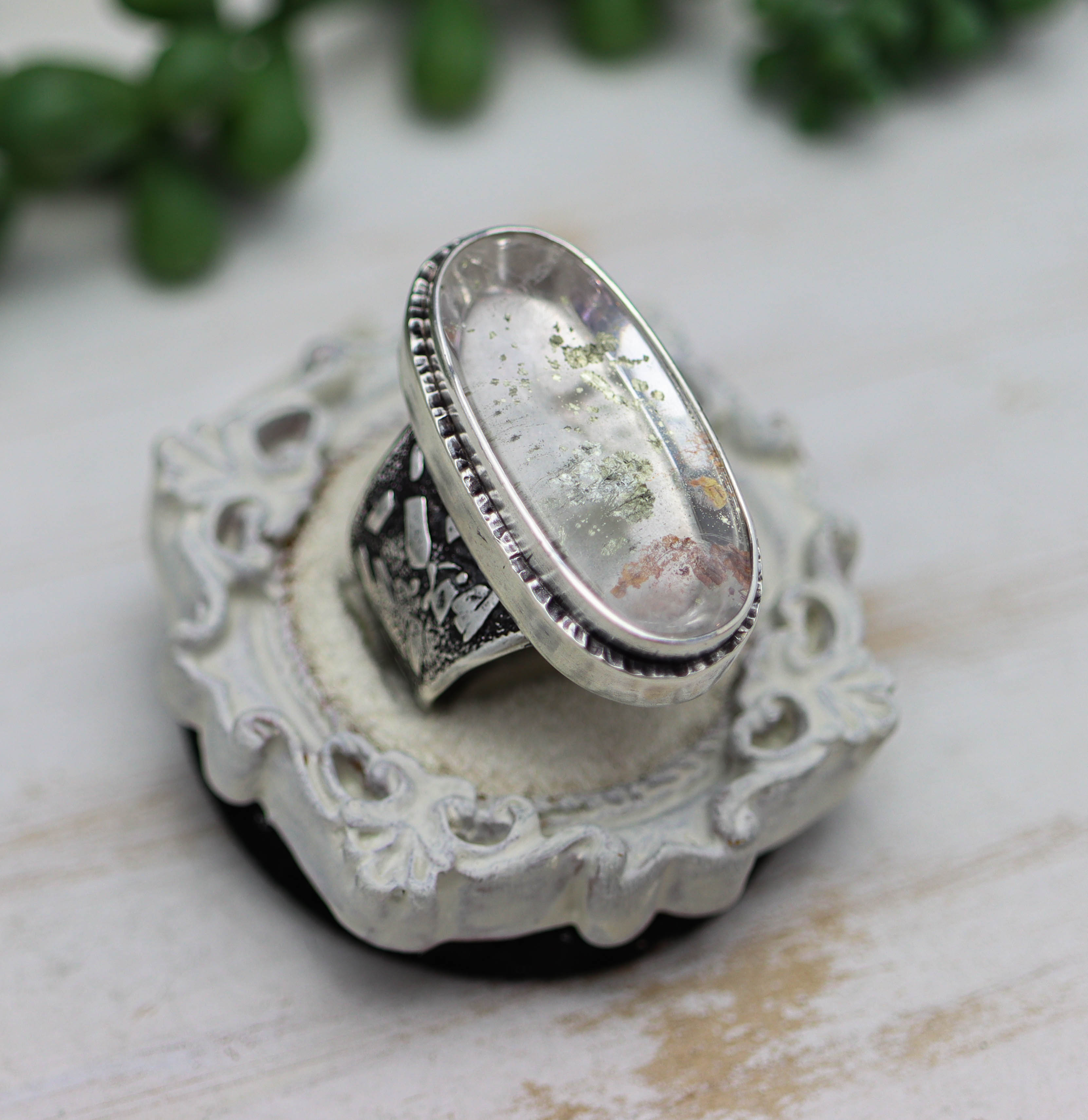 Marcasite Quartz Sterling Silver Wide Band Ring