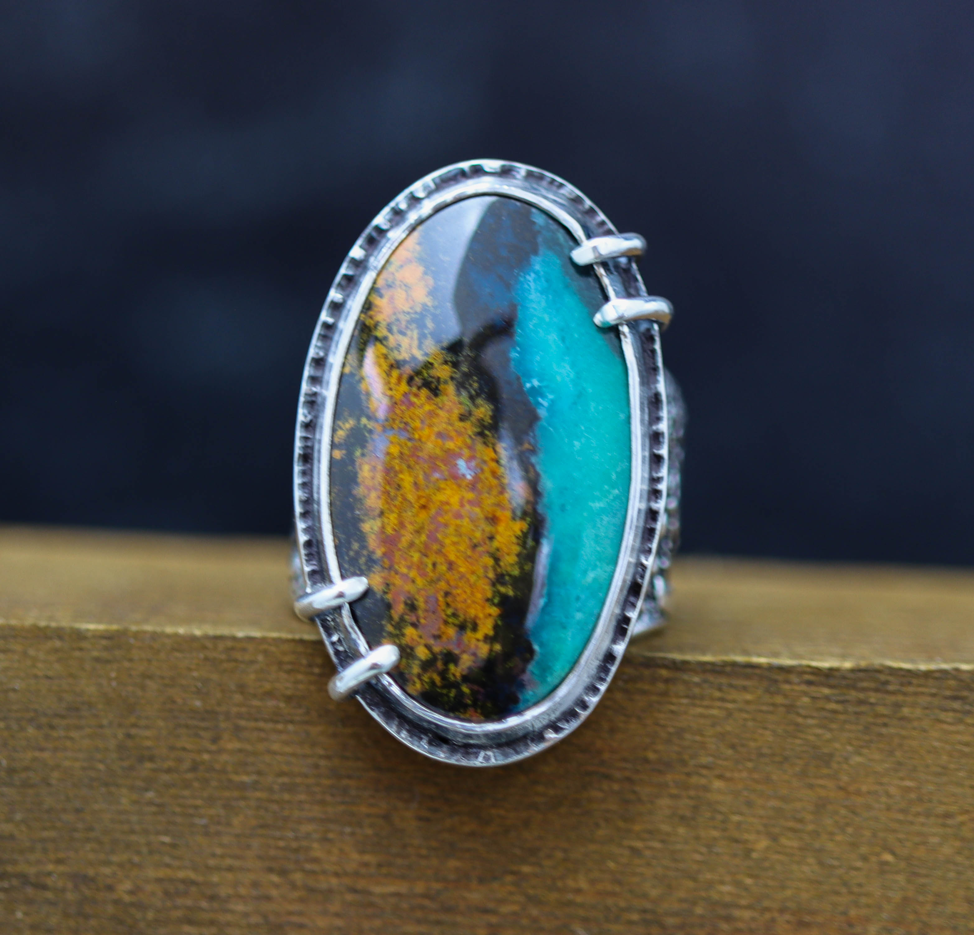 Chrysocolla with Cuprite & Tenorite Sterling Silver Wide Band Ring