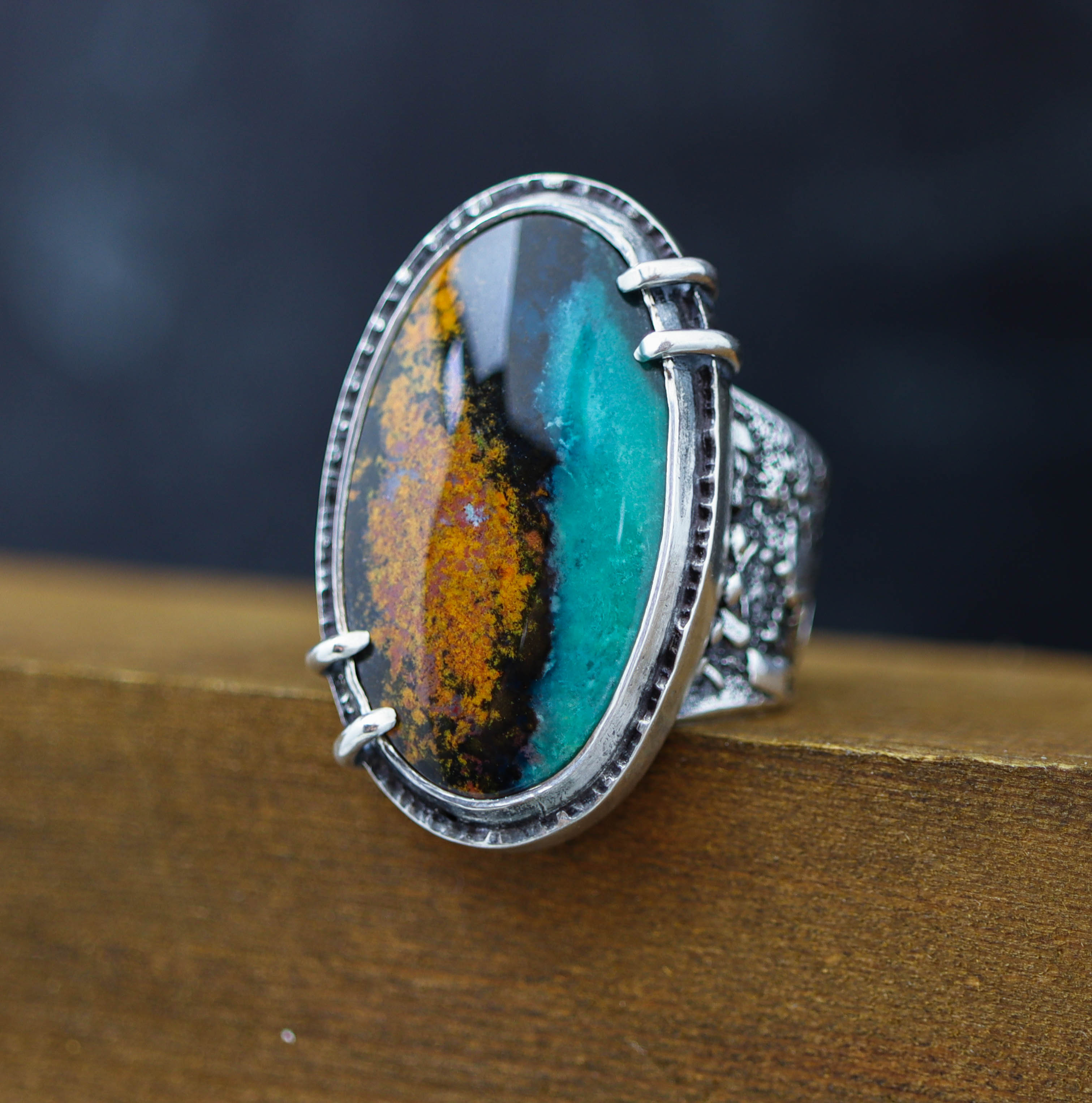 Chrysocolla with Cuprite & Tenorite Sterling Silver Wide Band Ring