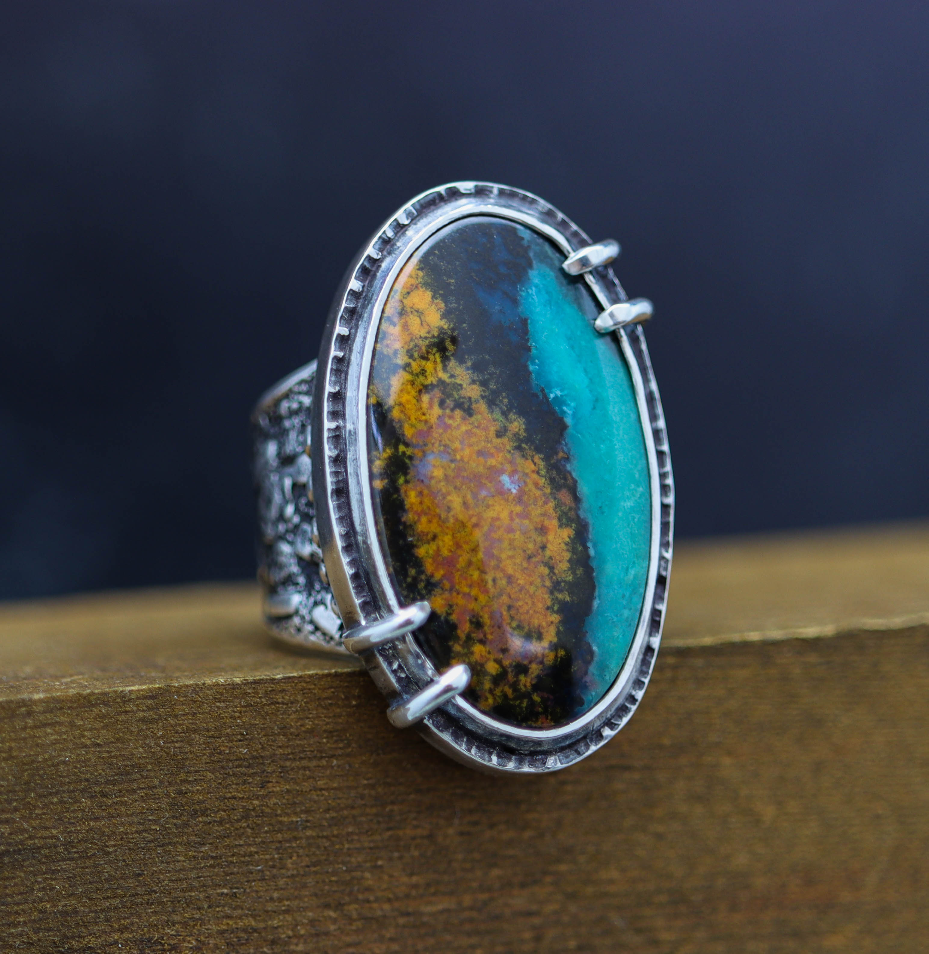 Chrysocolla with Cuprite & Tenorite Sterling Silver Wide Band Ring
