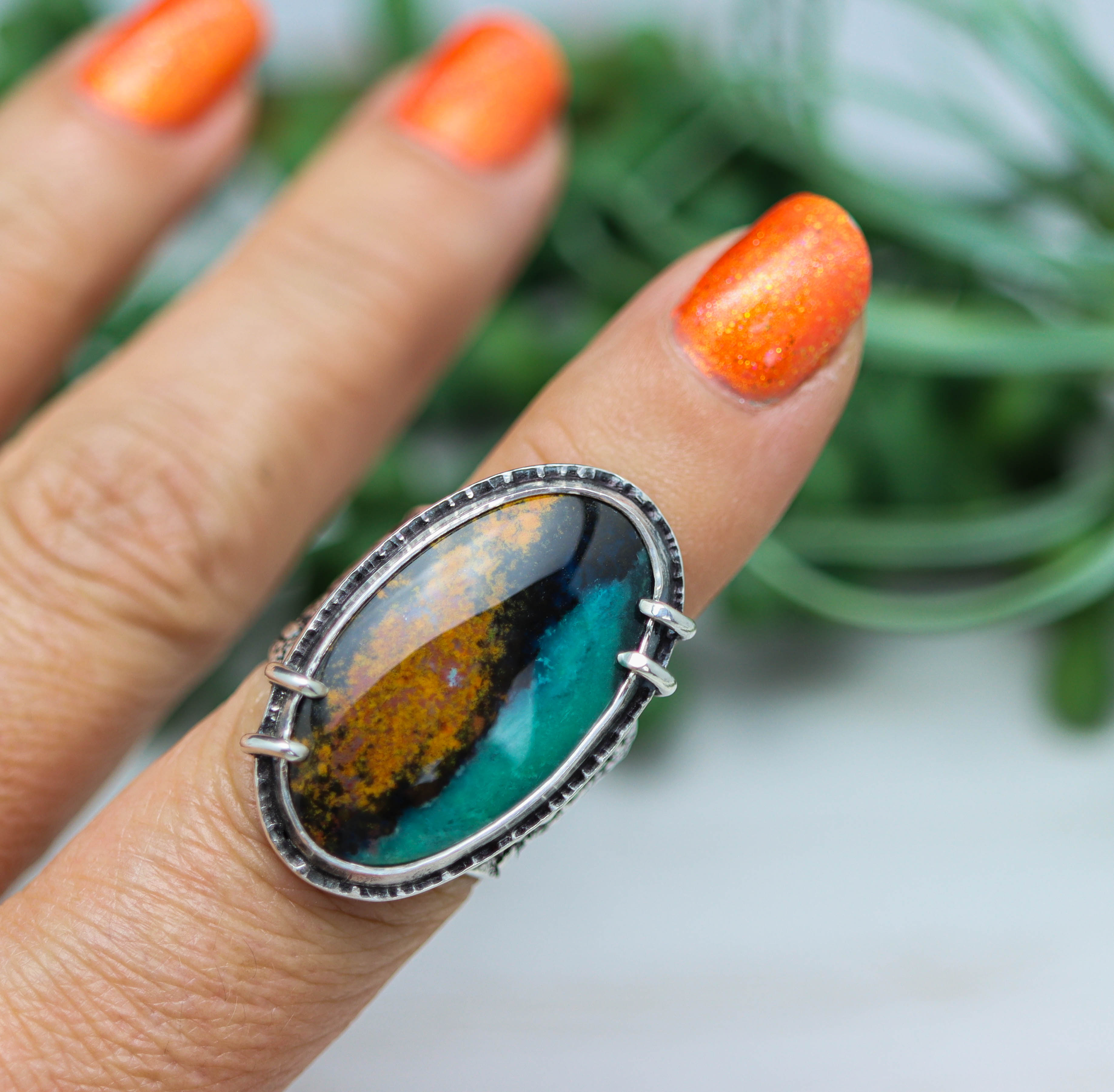 Chrysocolla with Cuprite & Tenorite Sterling Silver Wide Band Ring