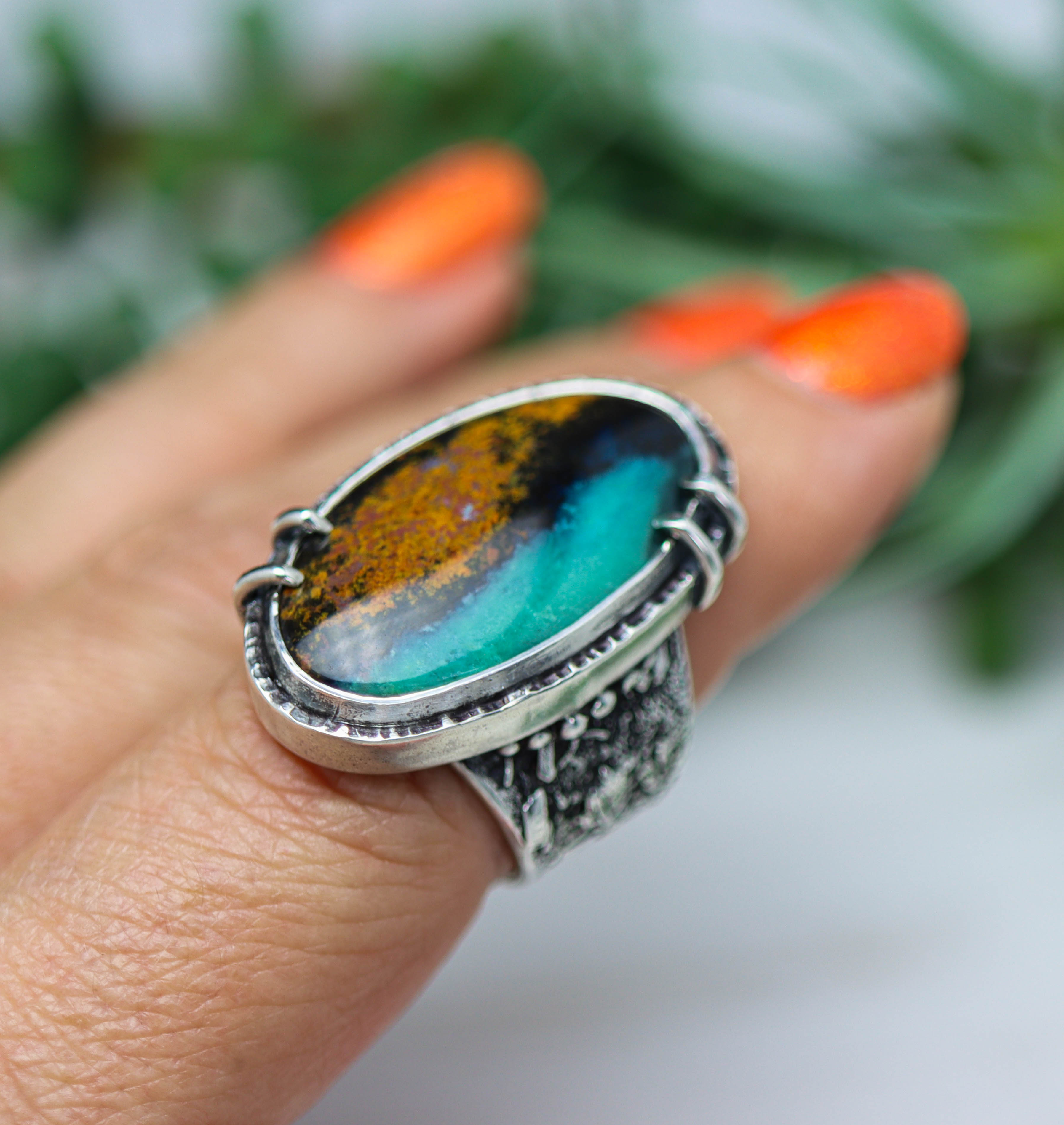 Chrysocolla with Cuprite & Tenorite Sterling Silver Wide Band Ring