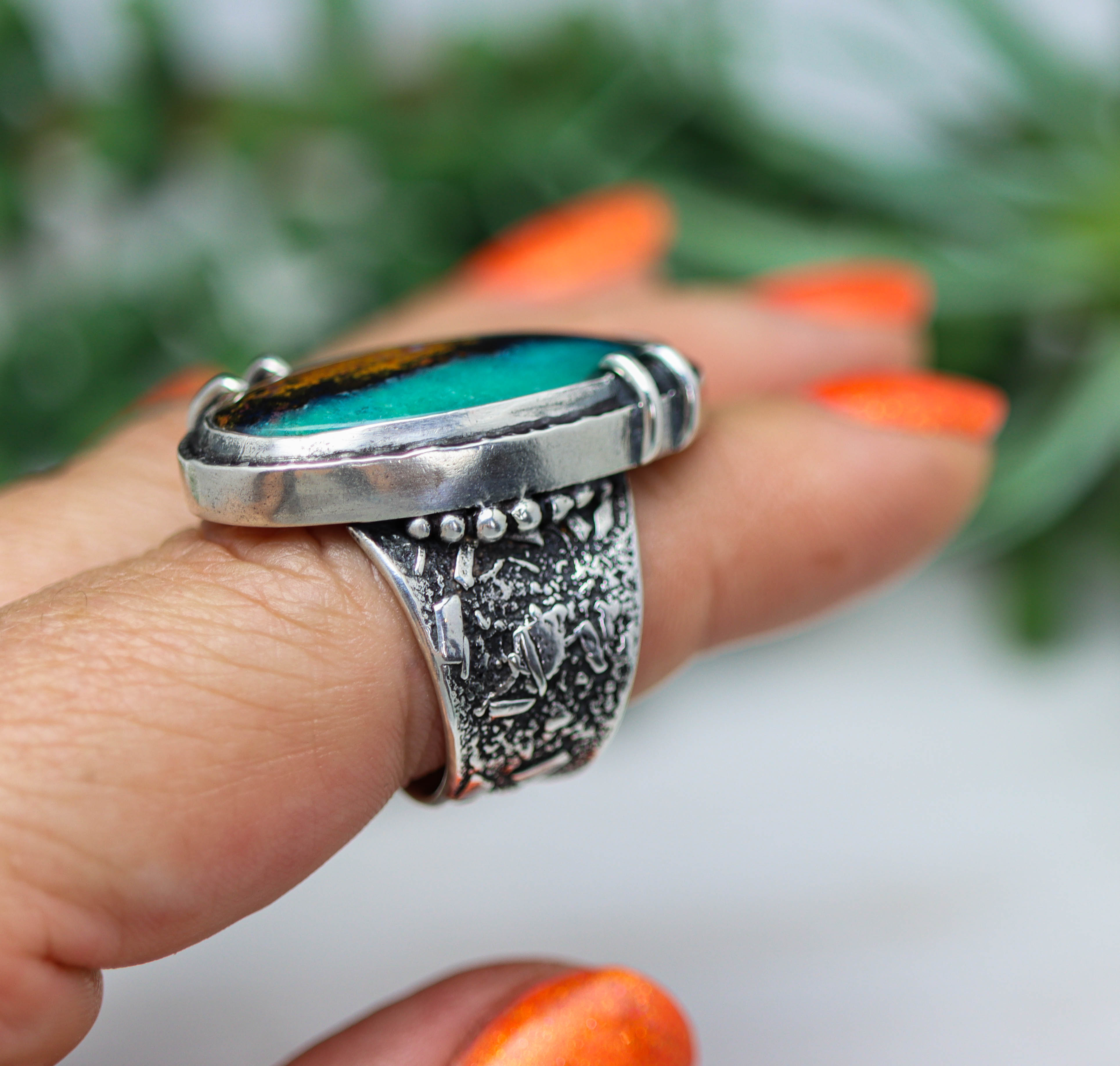 Chrysocolla with Cuprite & Tenorite Sterling Silver Wide Band Ring
