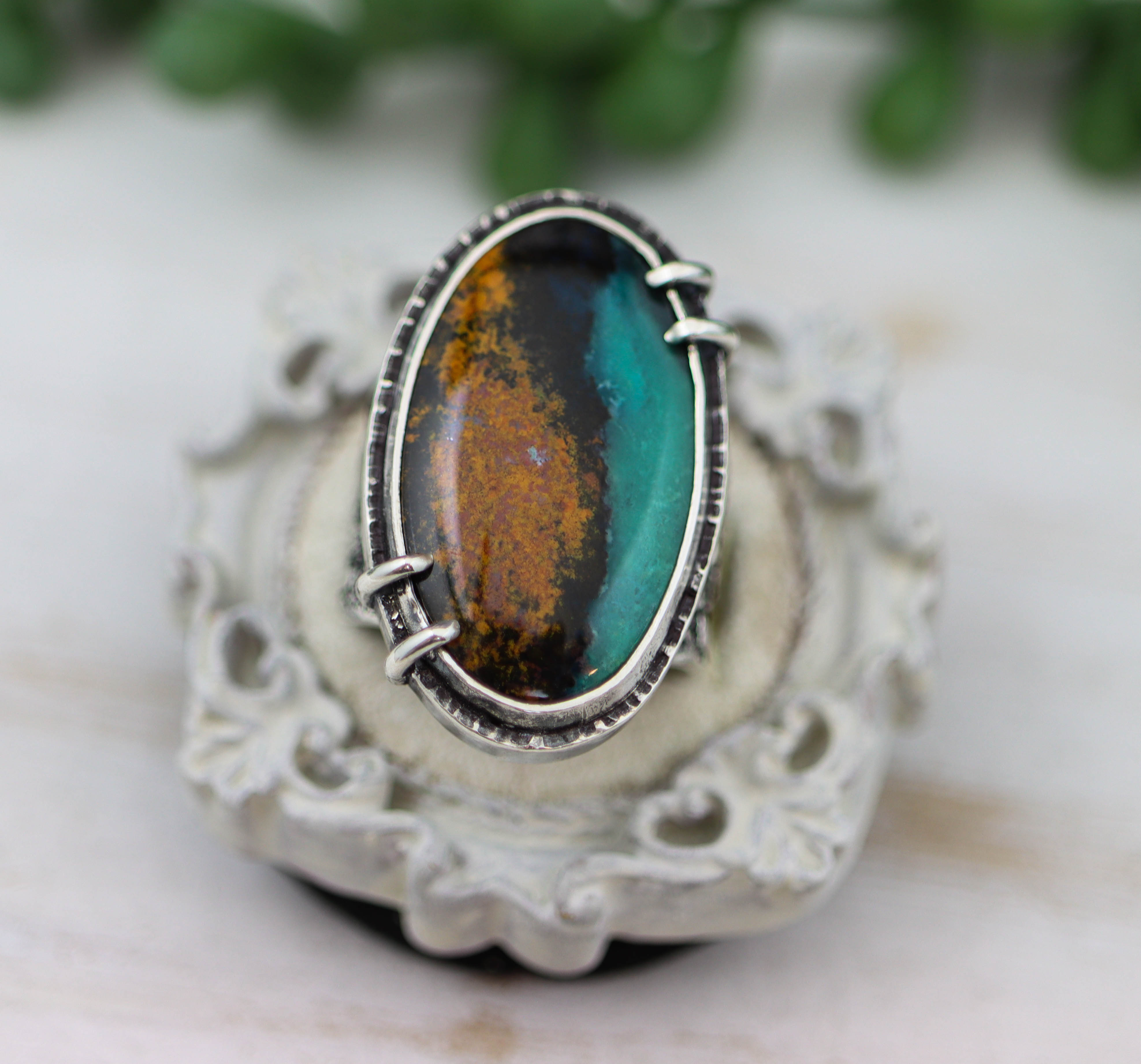 Chrysocolla with Cuprite & Tenorite Sterling Silver Wide Band Ring