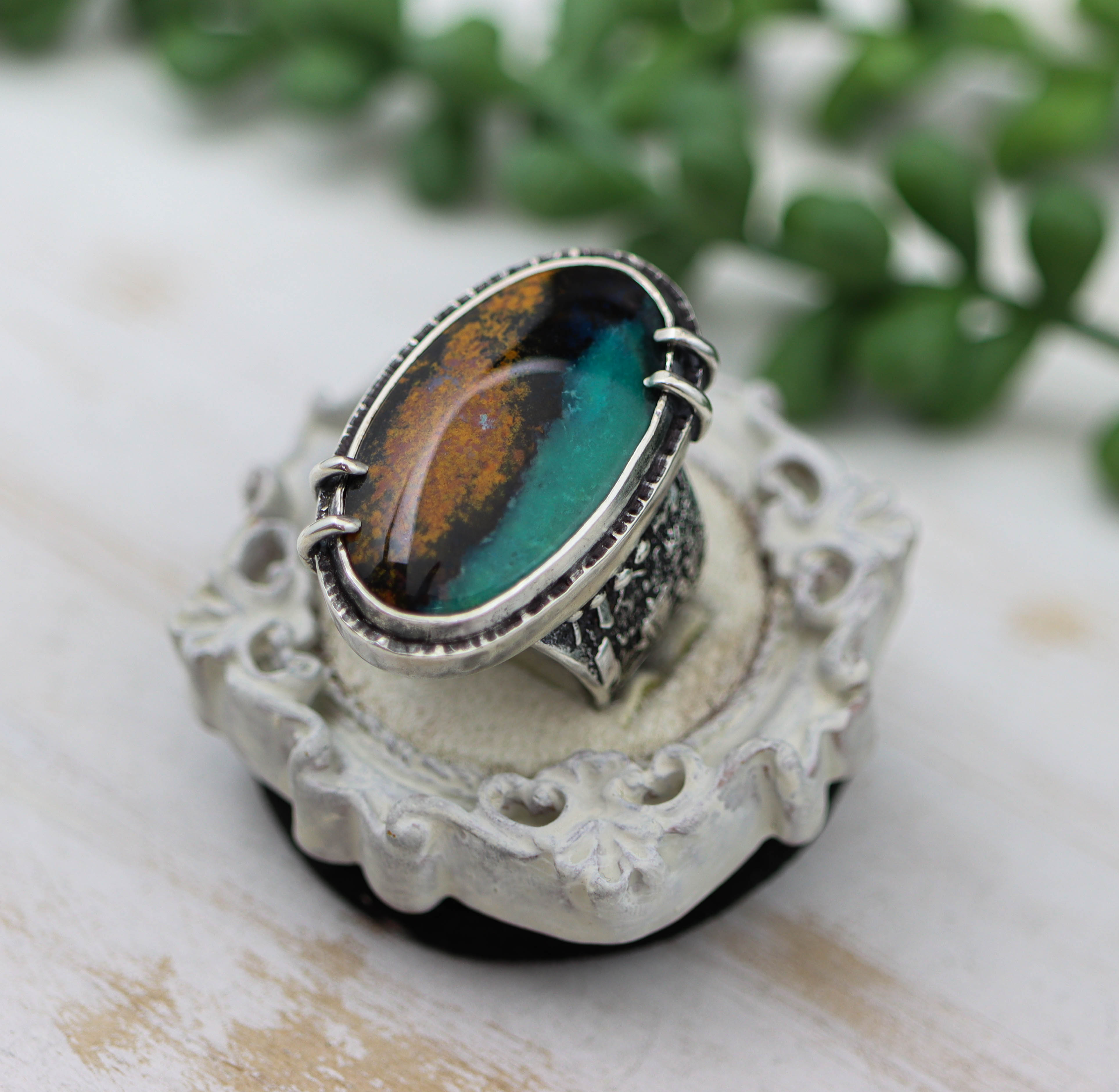 Chrysocolla with Cuprite & Tenorite Sterling Silver Wide Band Ring