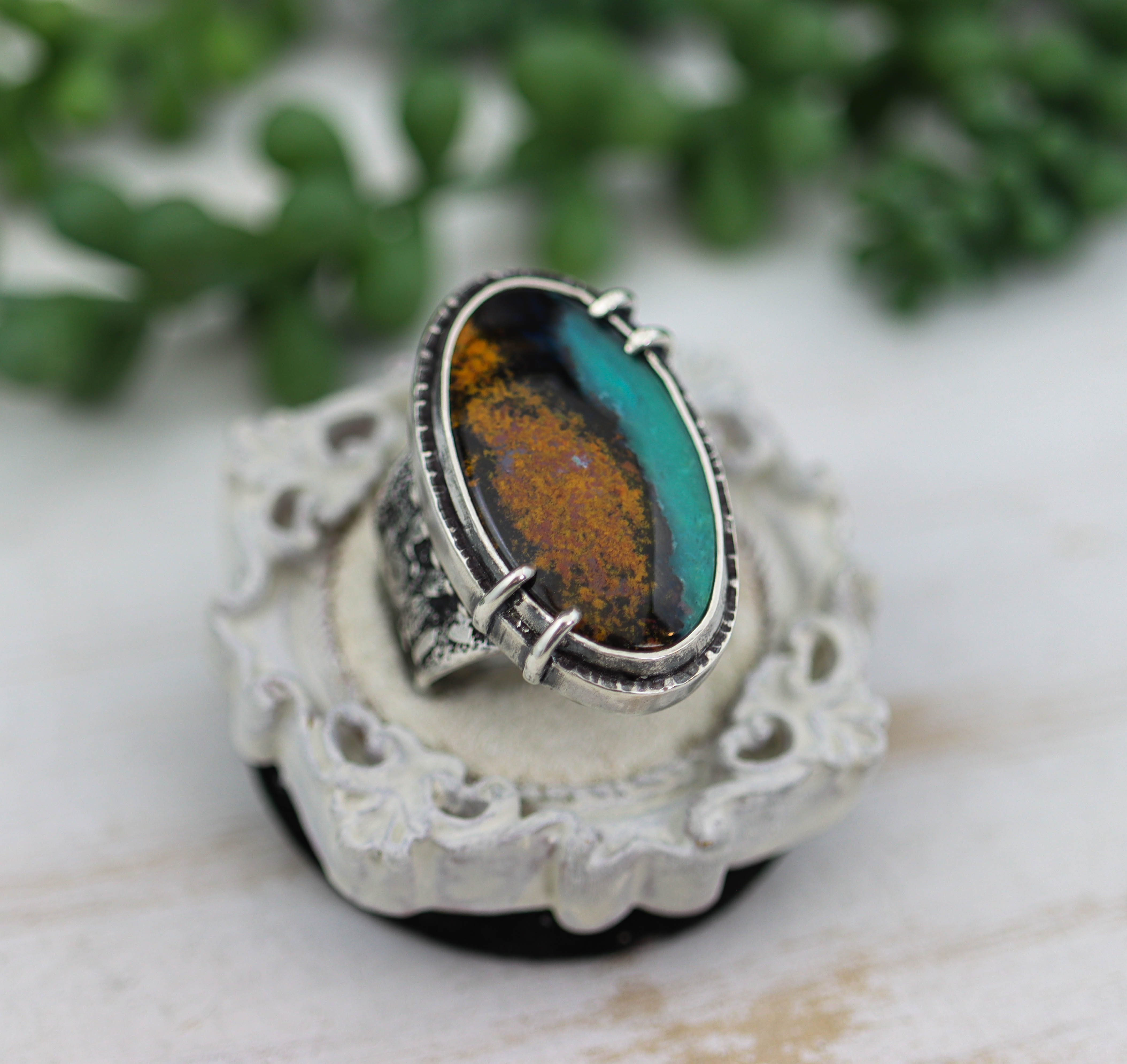 Chrysocolla with Cuprite & Tenorite Sterling Silver Wide Band Ring