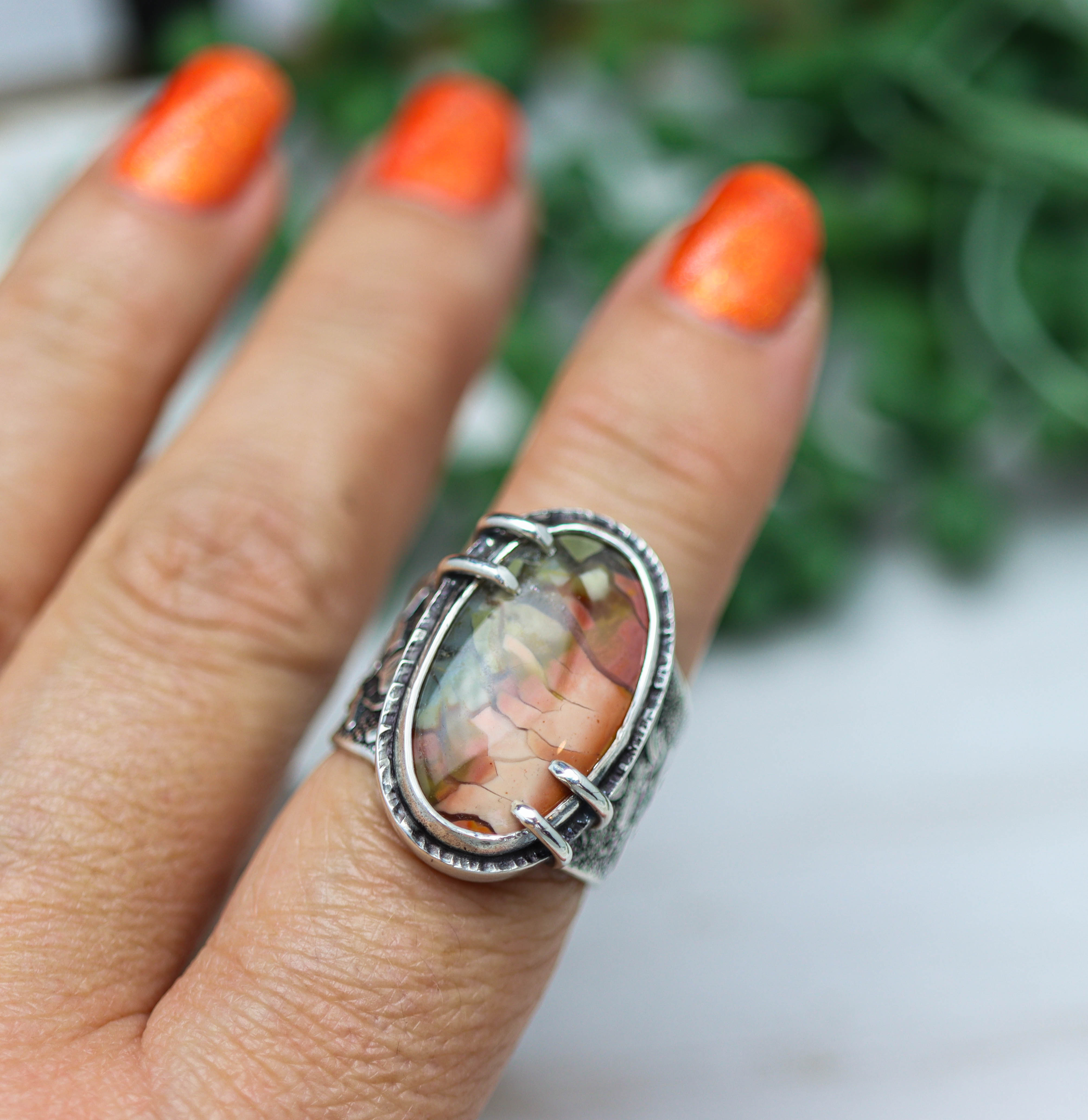 Polychrome Jasper Sterling Silver Wide Band Ring