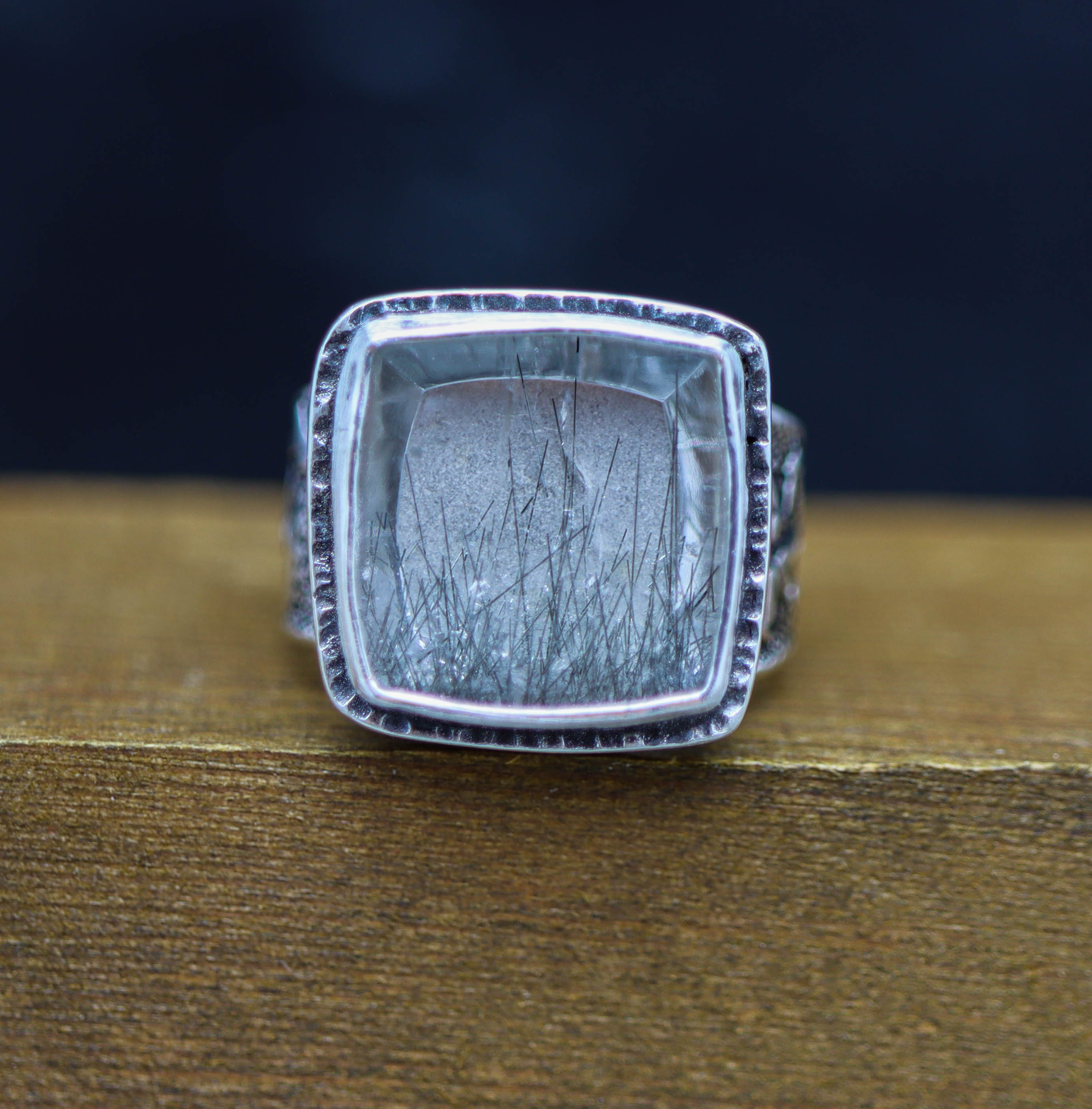 Black Tourmalinated Quartz Sterling Silver Wide Band Ring