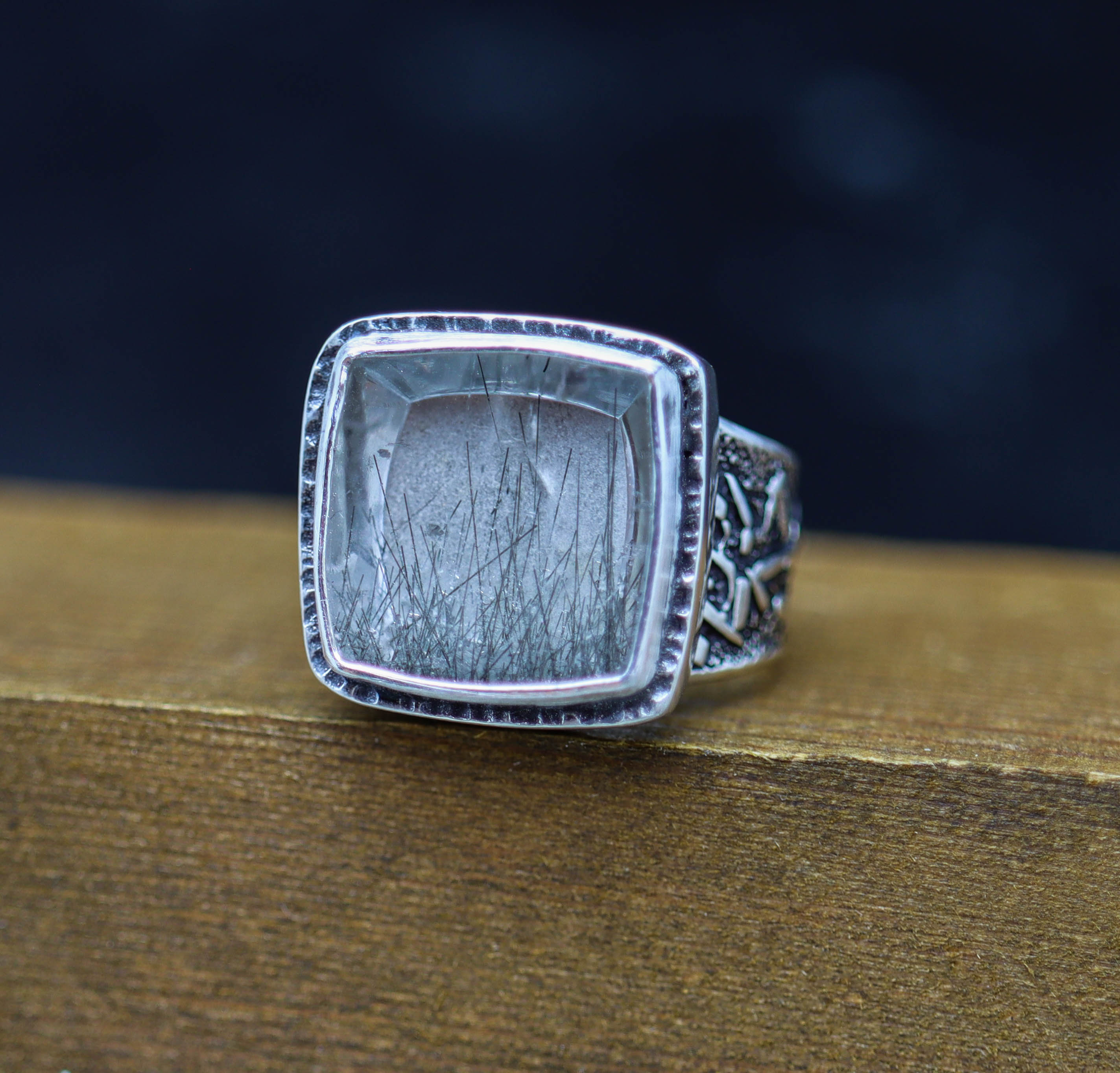 Black Tourmalinated Quartz Sterling Silver Wide Band Ring