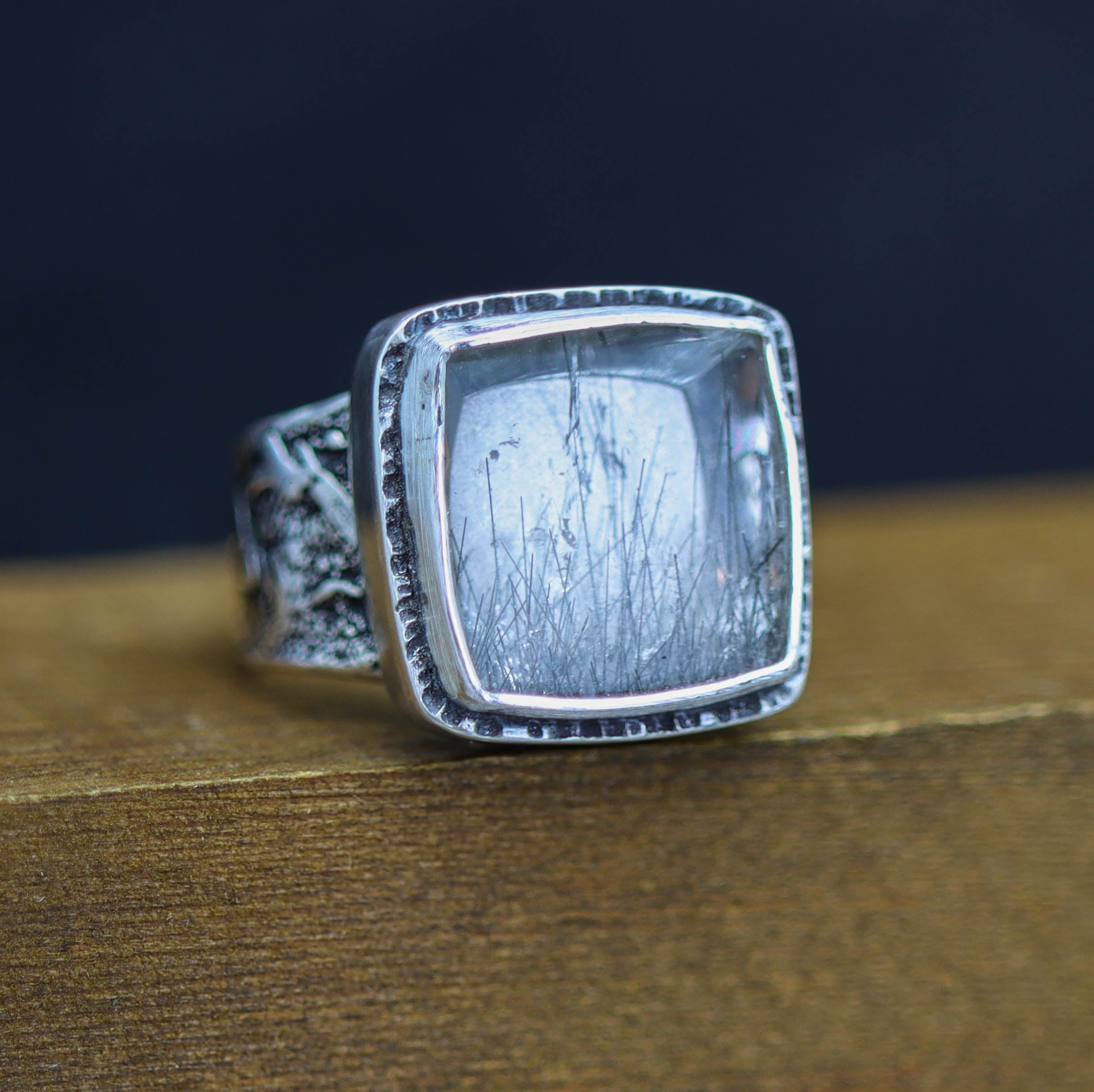 Black Tourmalinated Quartz Sterling Silver Wide Band Ring
