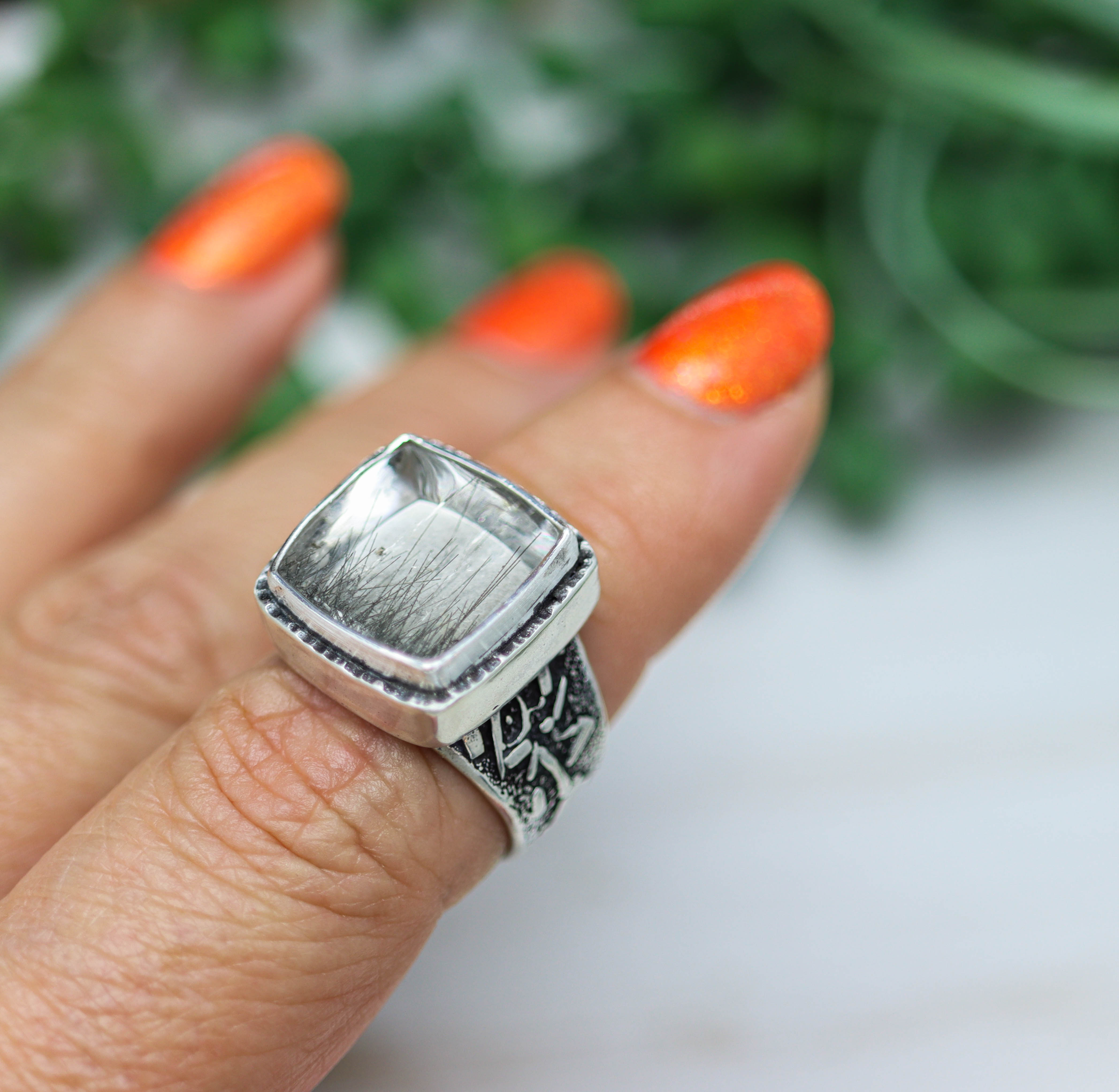 Black Tourmalinated Quartz Sterling Silver Wide Band Ring