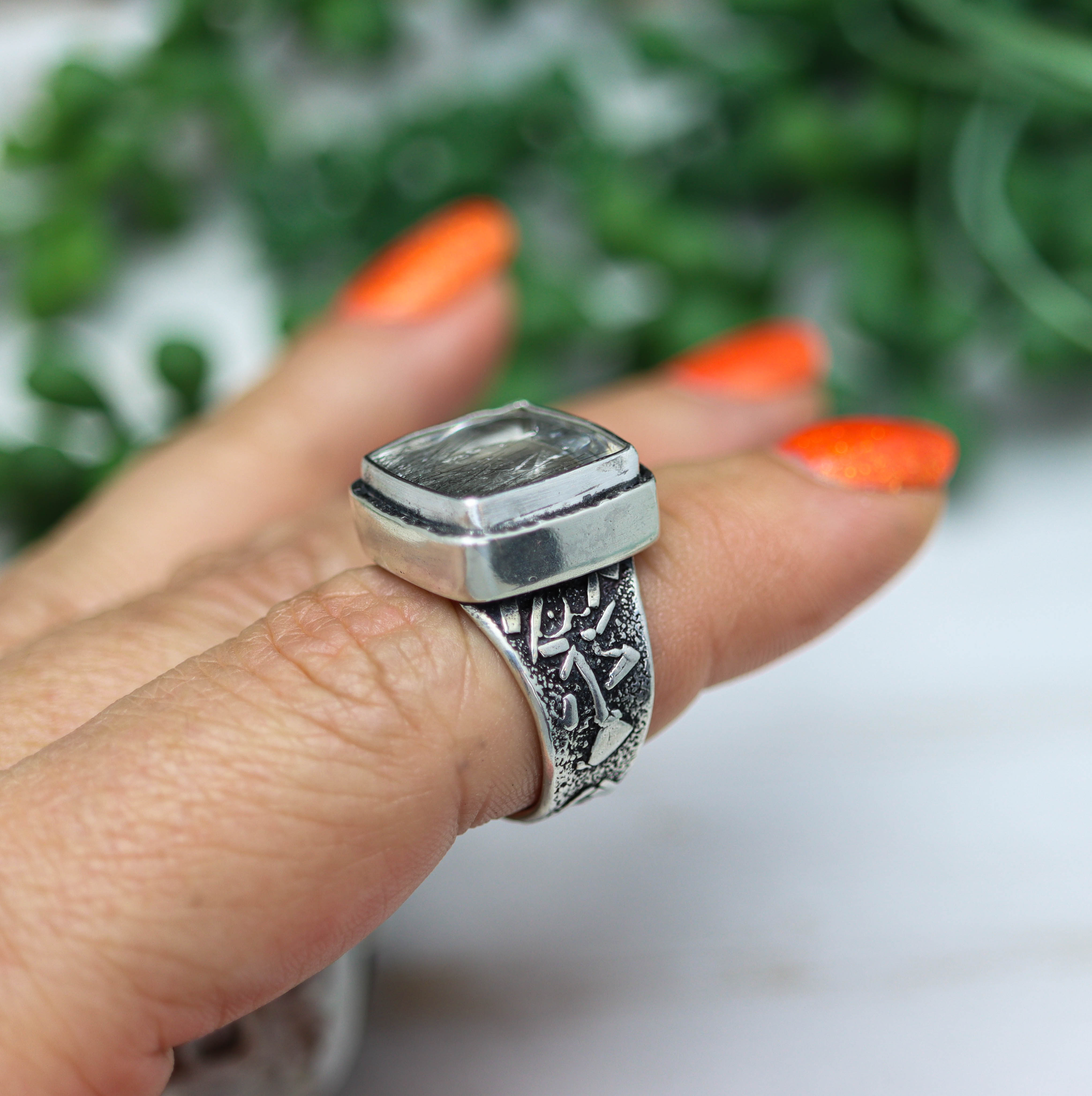 Black Tourmalinated Quartz Sterling Silver Wide Band Ring