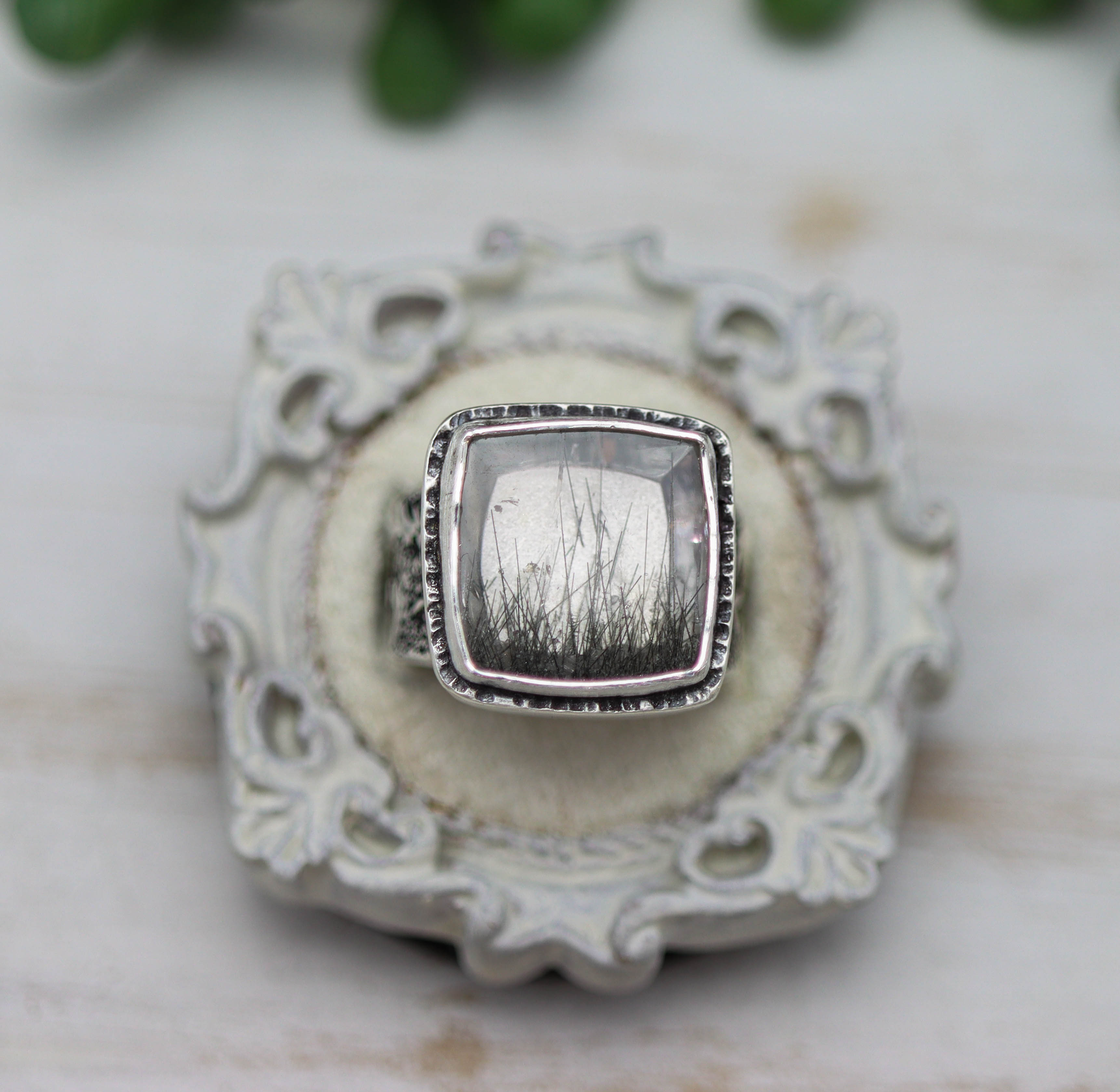 Black Tourmalinated Quartz Sterling Silver Wide Band Ring
