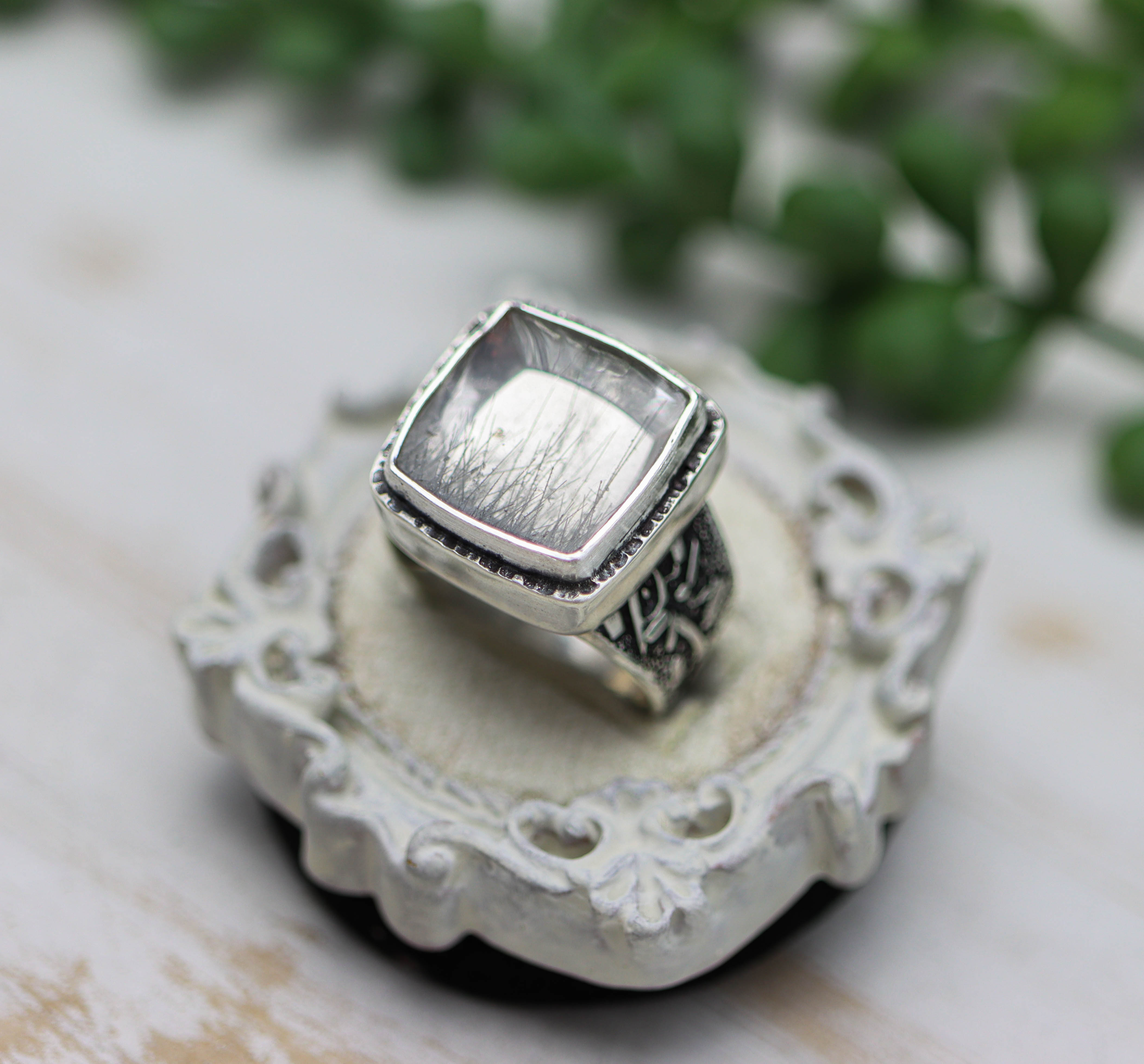 Black Tourmalinated Quartz Sterling Silver Wide Band Ring