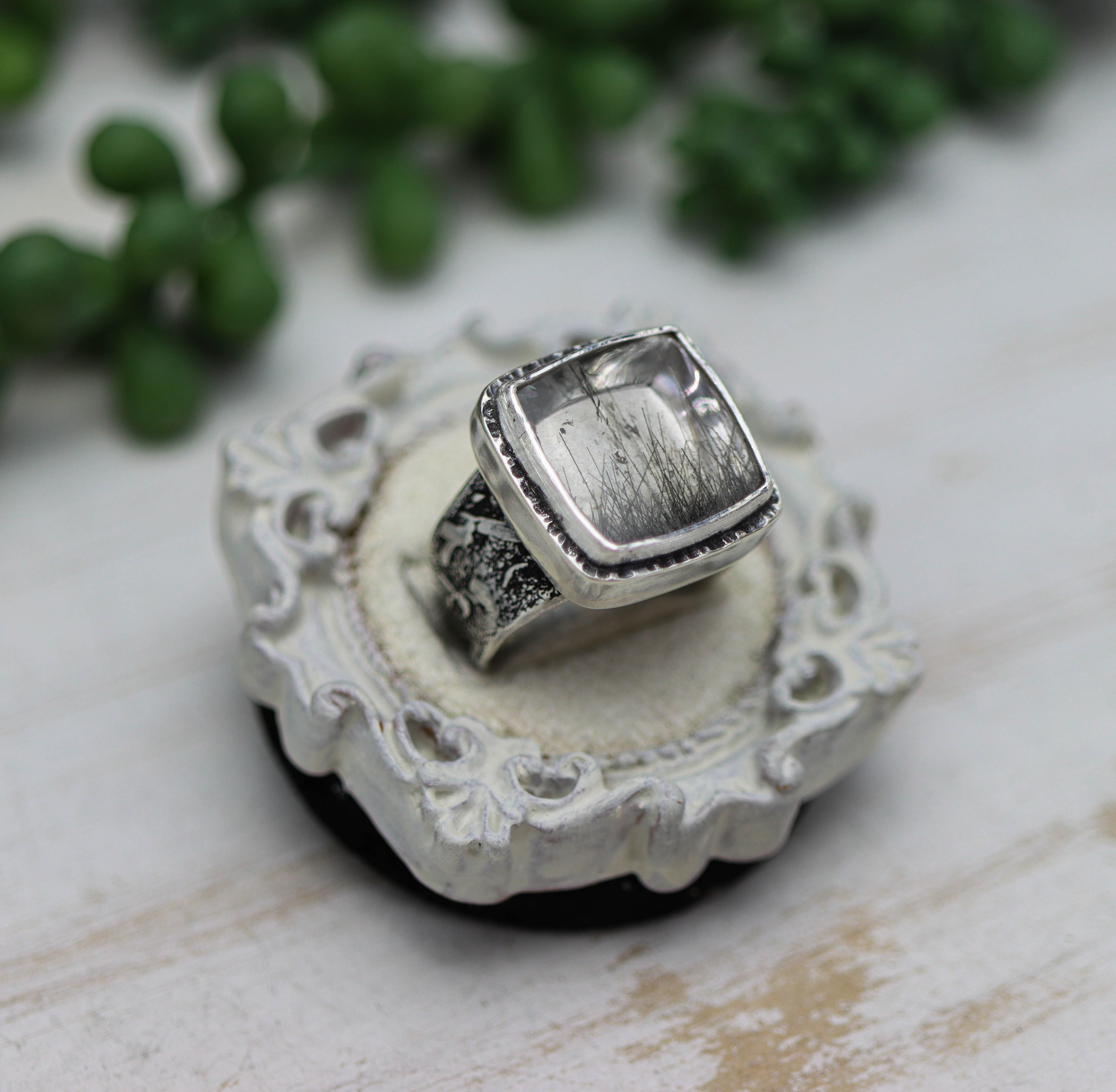 Black Tourmalinated Quartz Sterling Silver Wide Band Ring