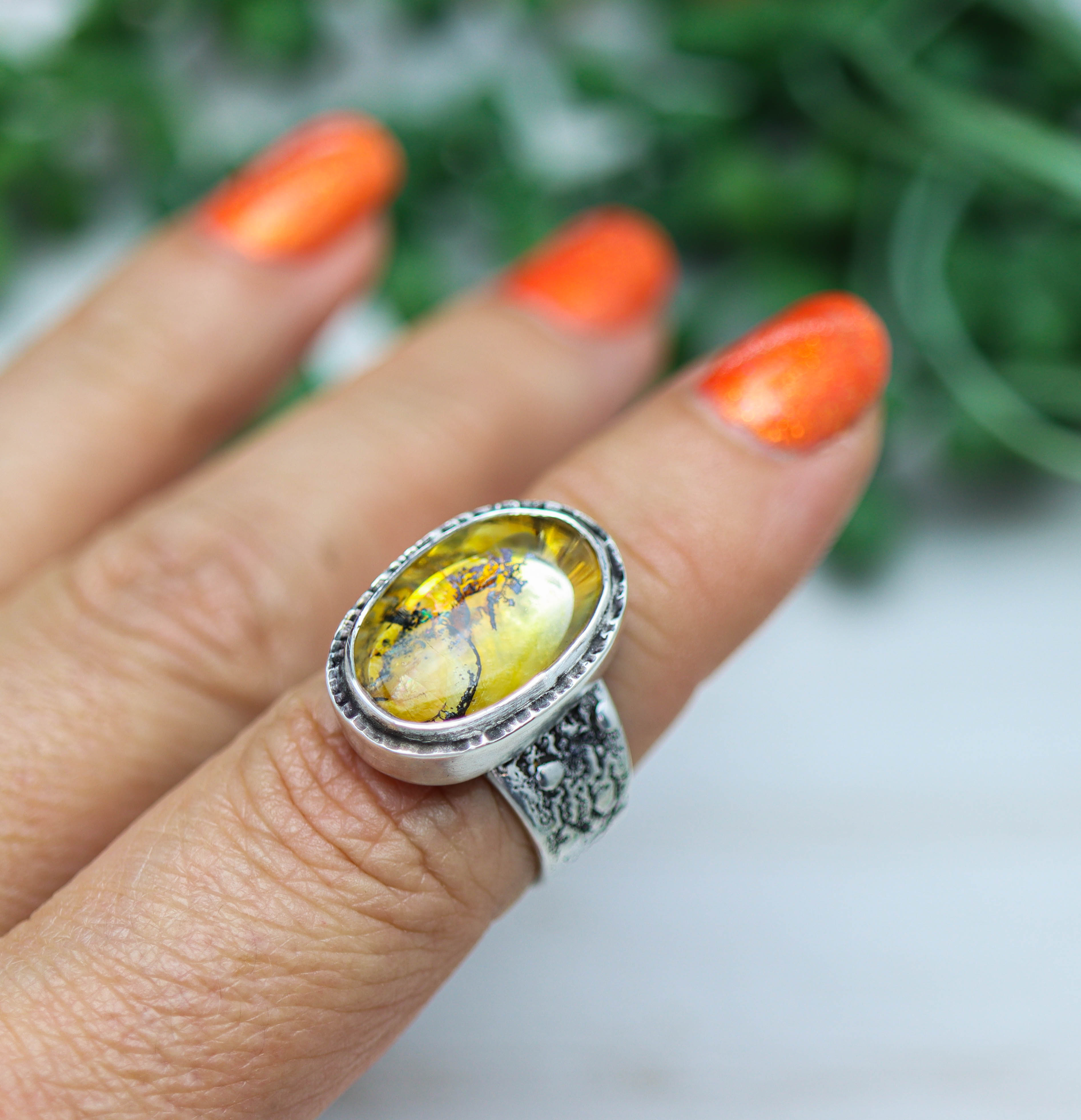 Dendritic Quartz Sterling Silver Wide Band Ring