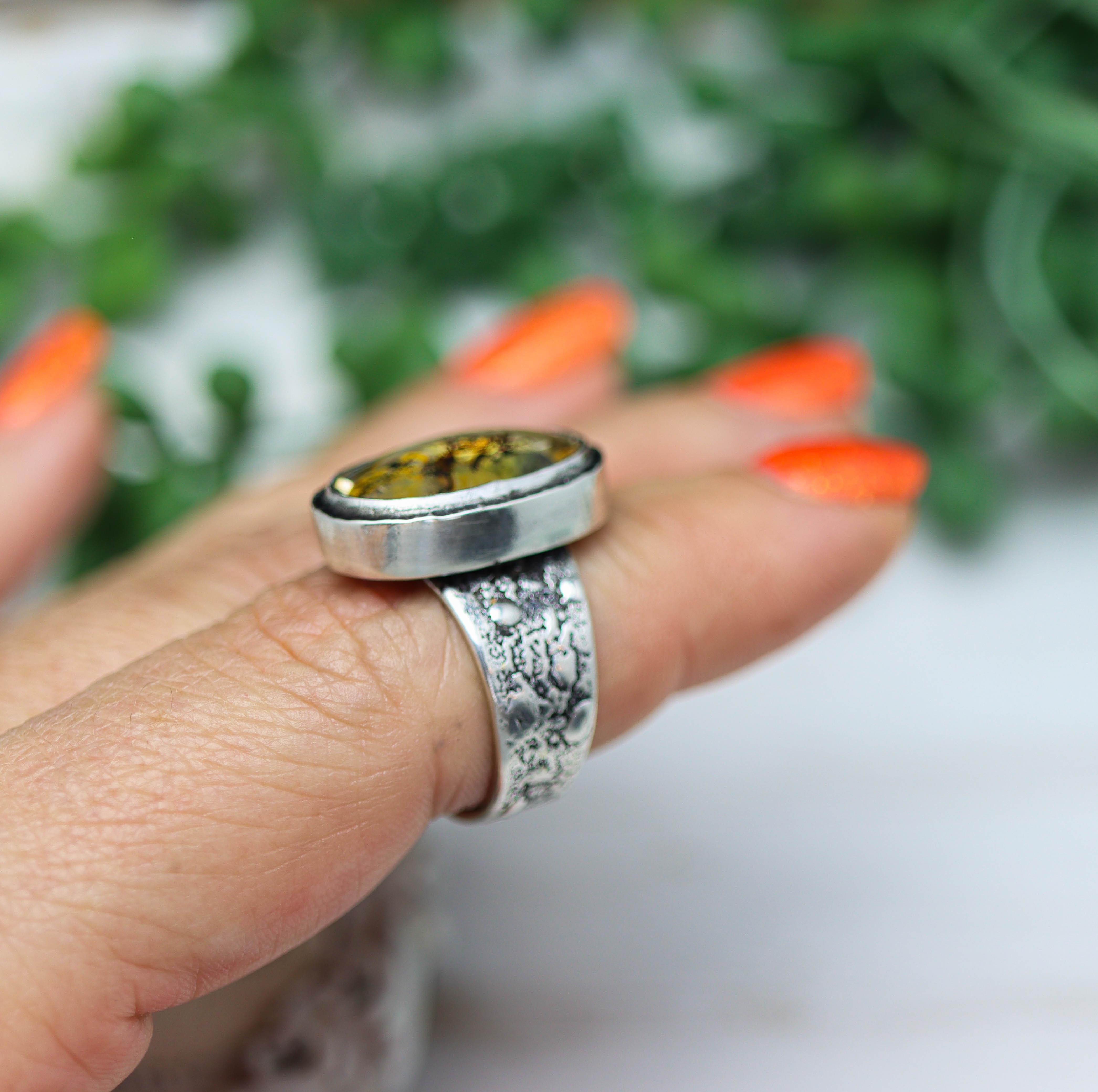 Dendritic Quartz Sterling Silver Wide Band Ring