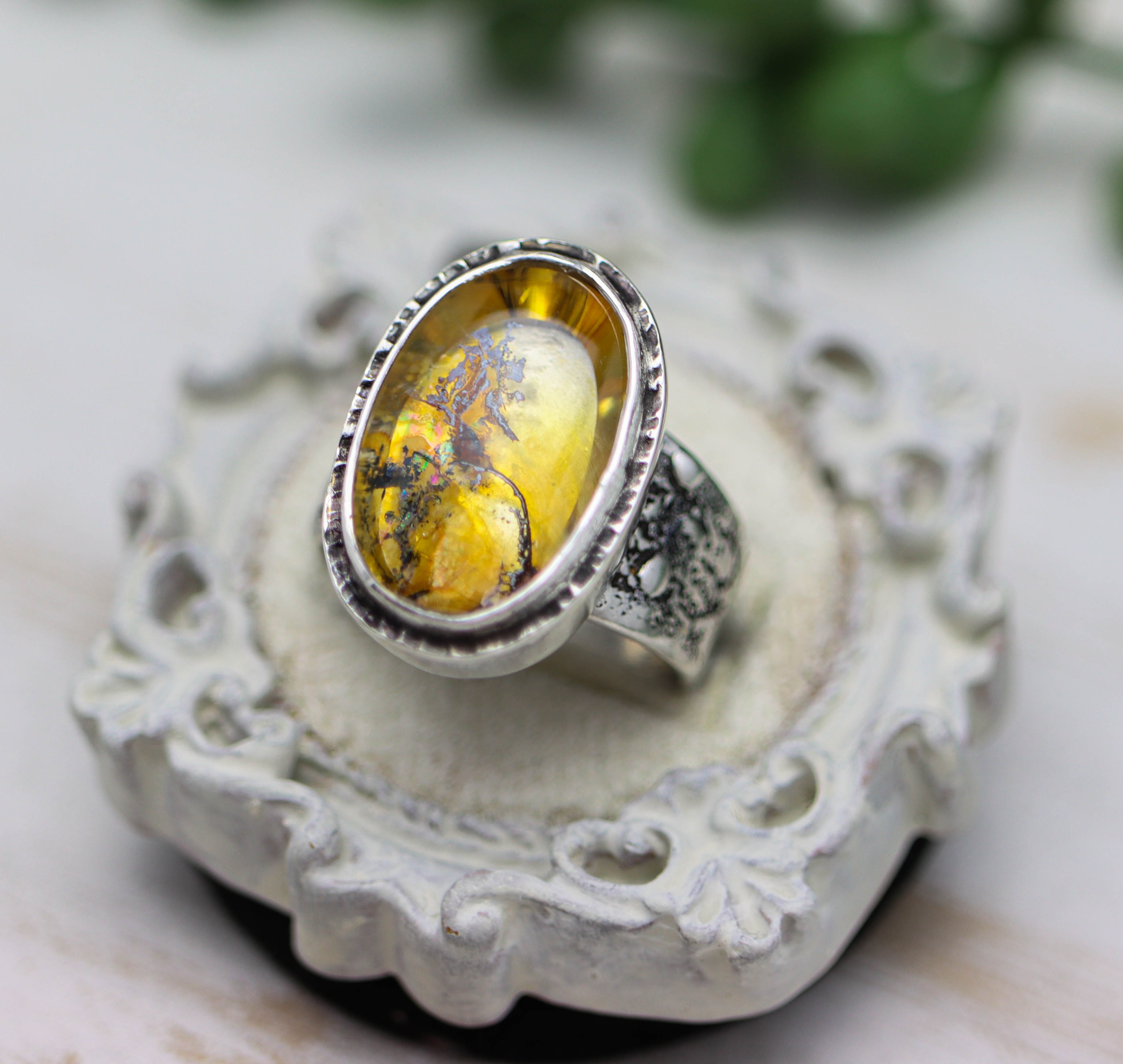 Dendritic Quartz Sterling Silver Wide Band Ring
