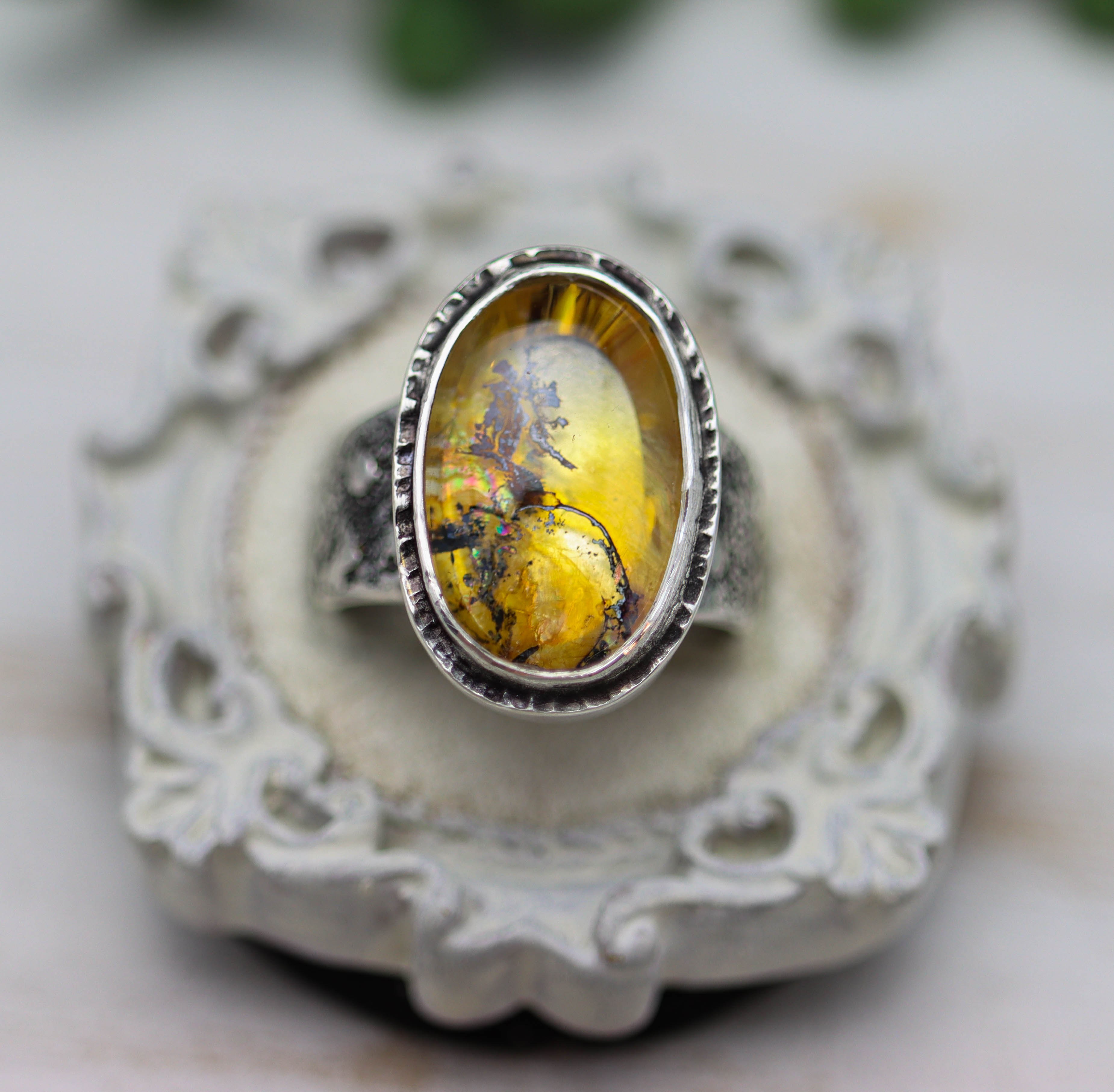 Dendritic Quartz Sterling Silver Wide Band Ring
