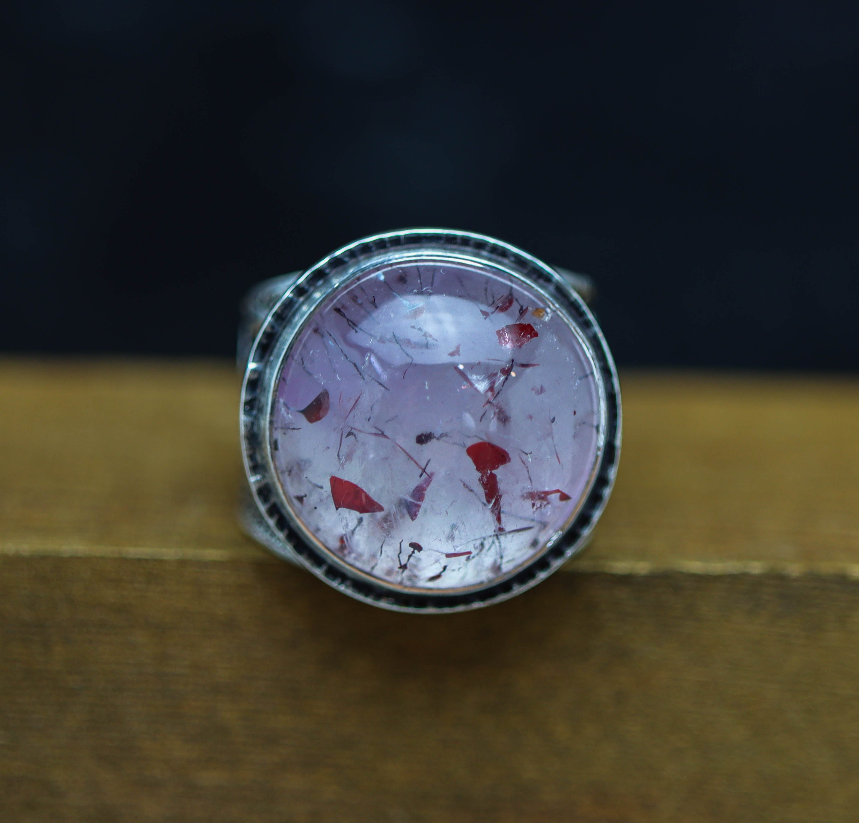 Amethyst with Rutile and Hematite Sterling Silver Wide Band Ring