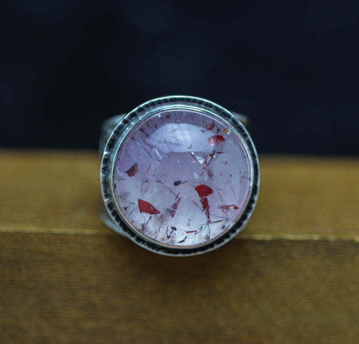 Amethyst with Rutile and Hematite Sterling Silver Wide Band Ring