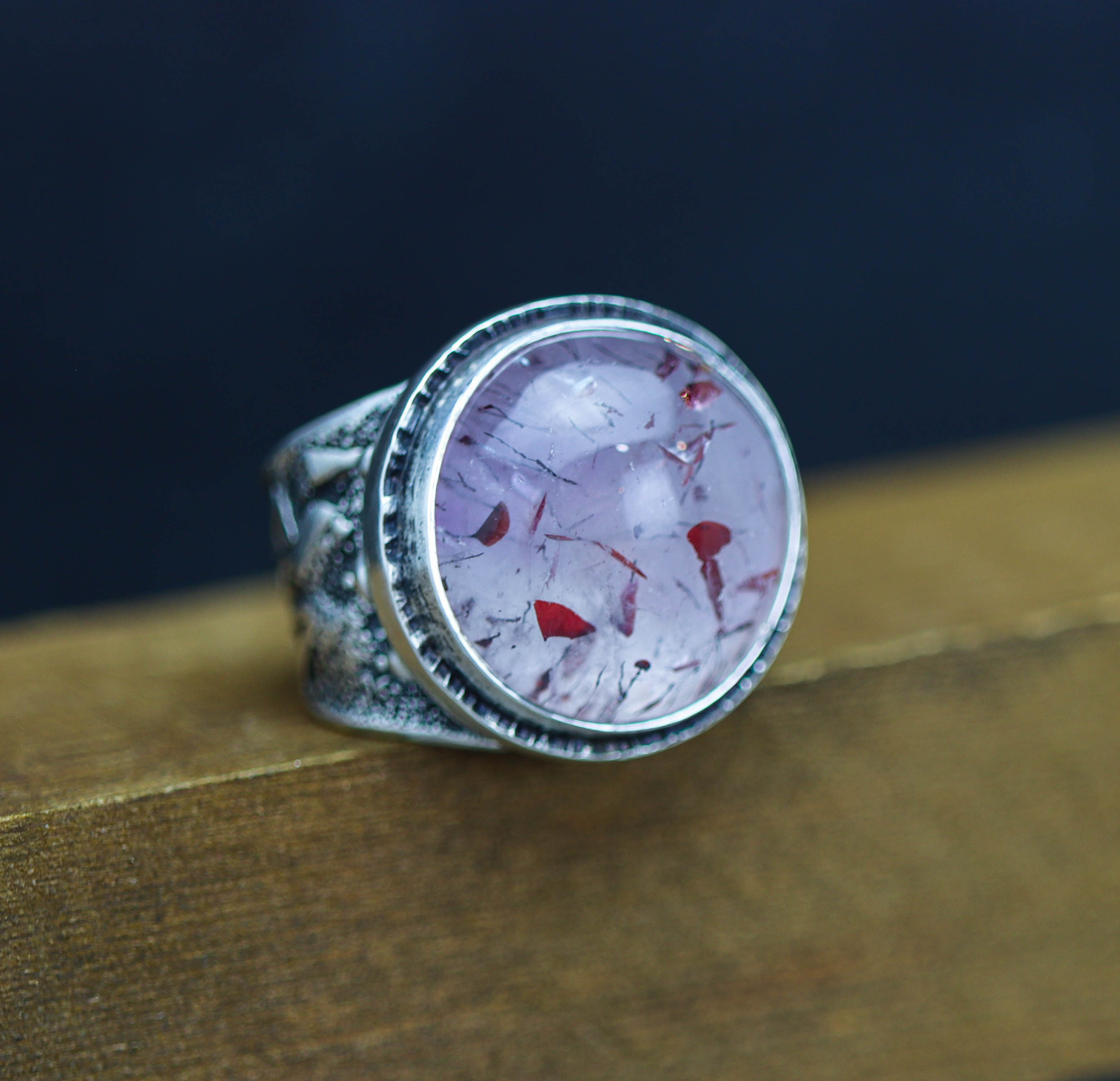Amethyst with Rutile and Hematite Sterling Silver Wide Band Ring