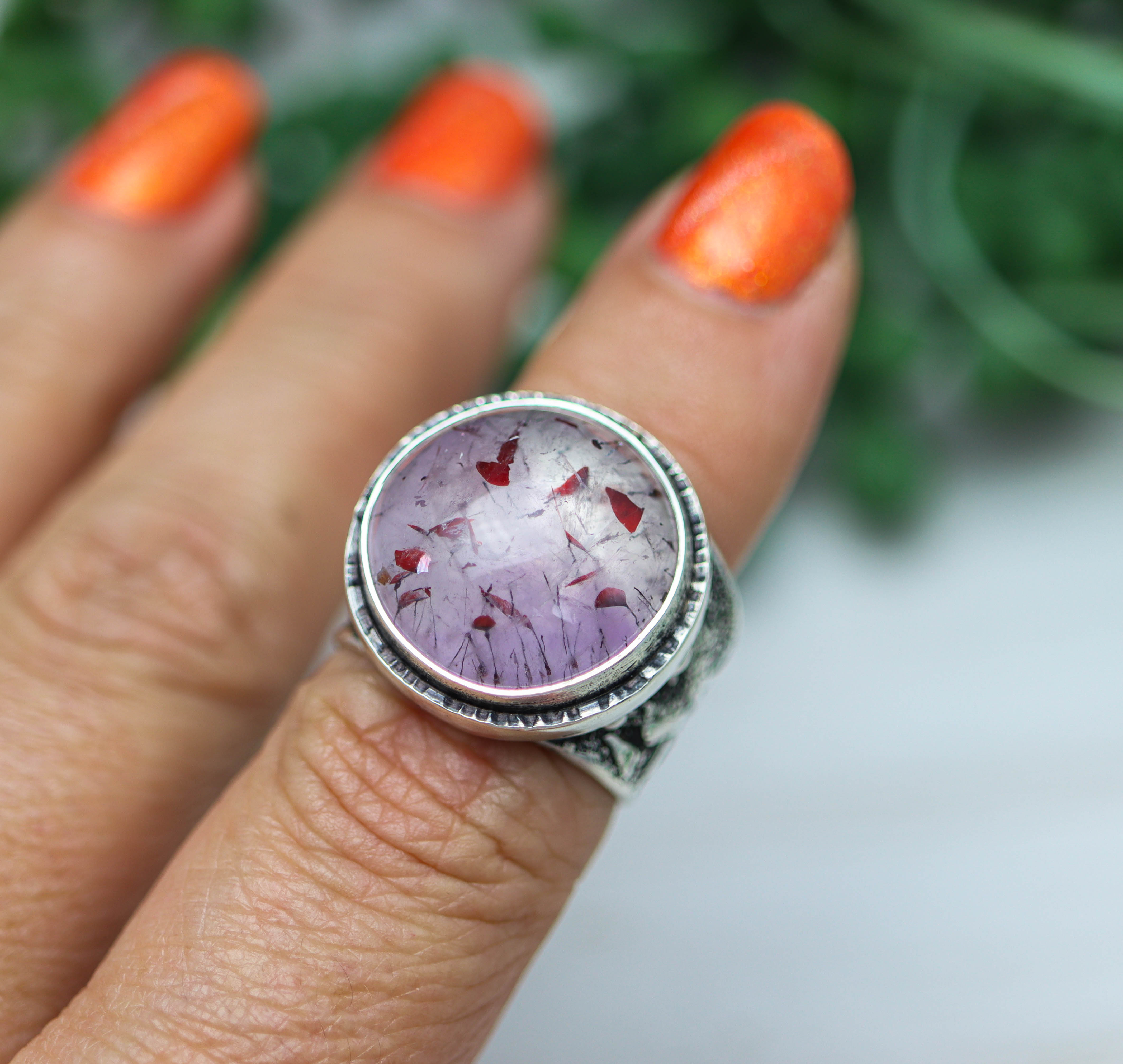 Amethyst with Rutile and Hematite Sterling Silver Wide Band Ring
