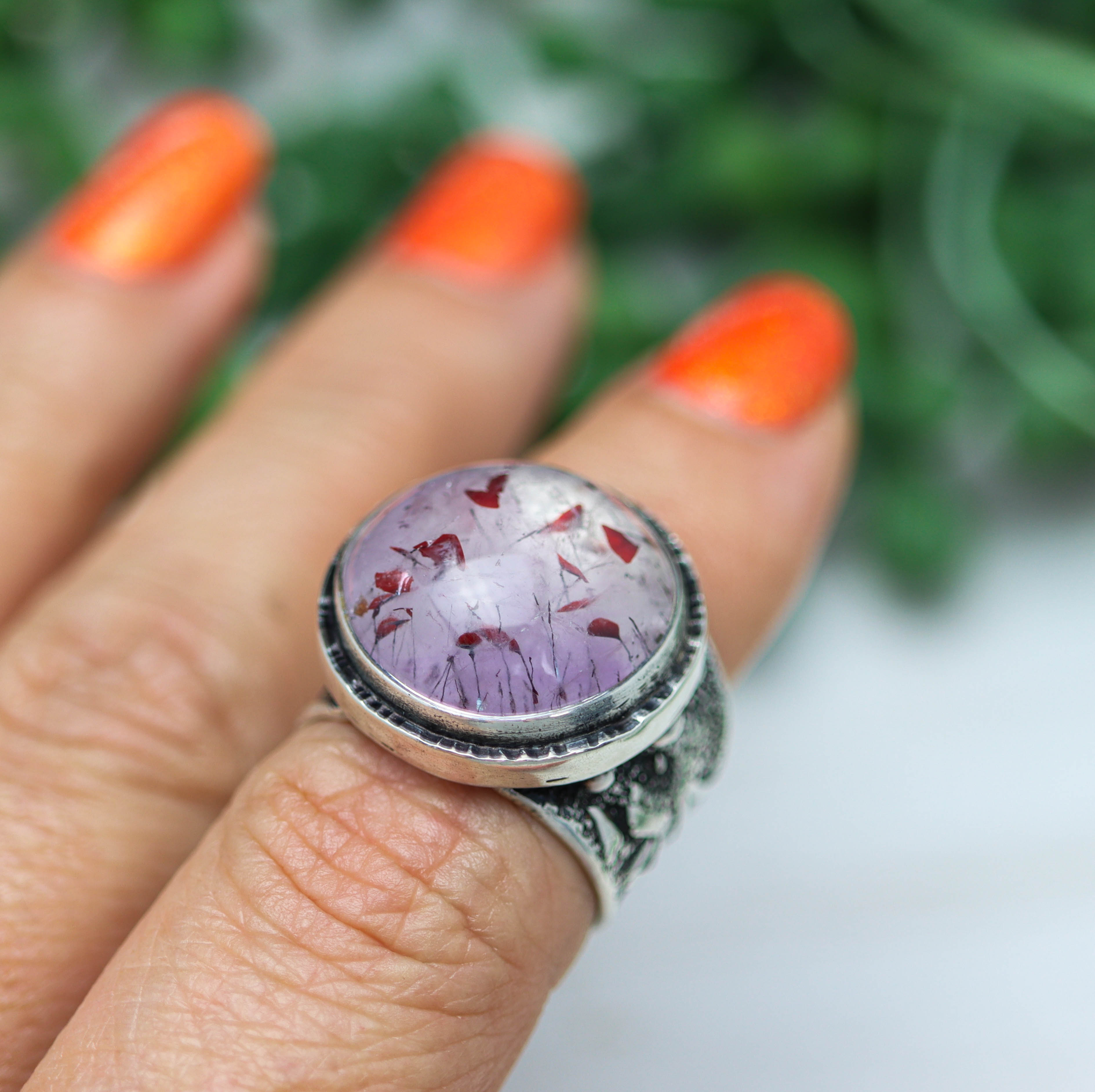 Amethyst with Rutile and Hematite Sterling Silver Wide Band Ring