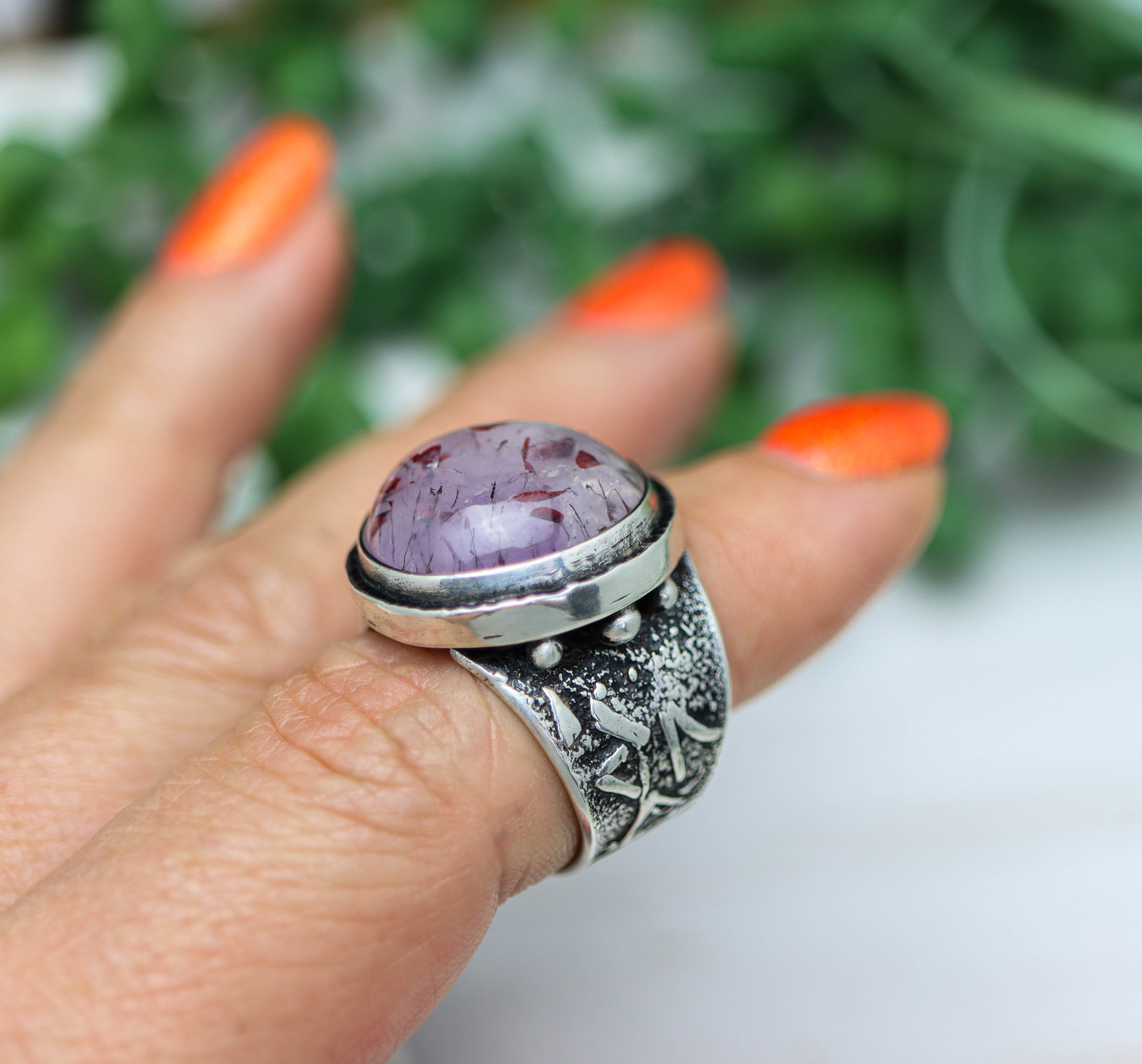 Amethyst with Rutile and Hematite Sterling Silver Wide Band Ring