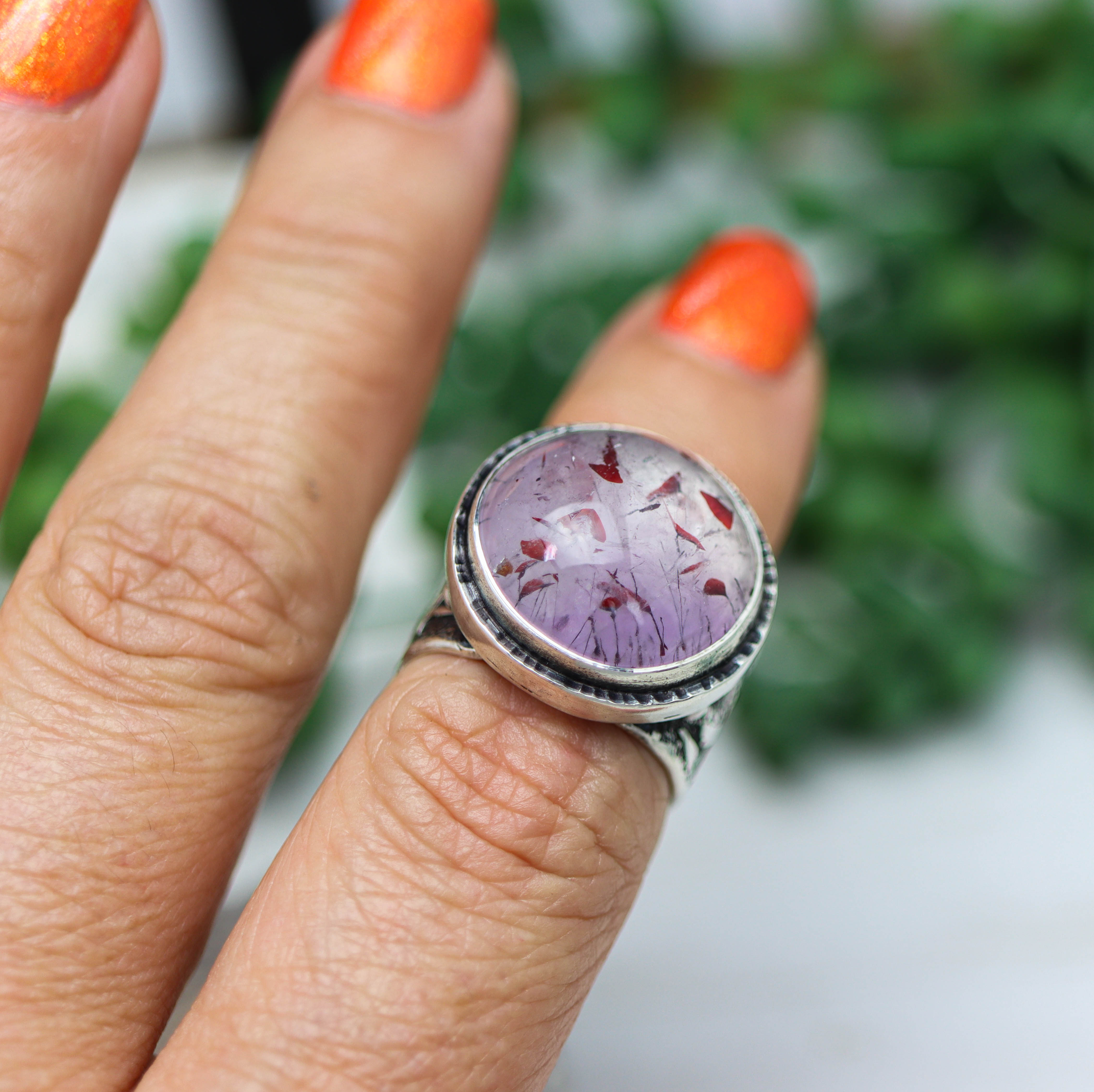 Amethyst with Rutile and Hematite Sterling Silver Wide Band Ring