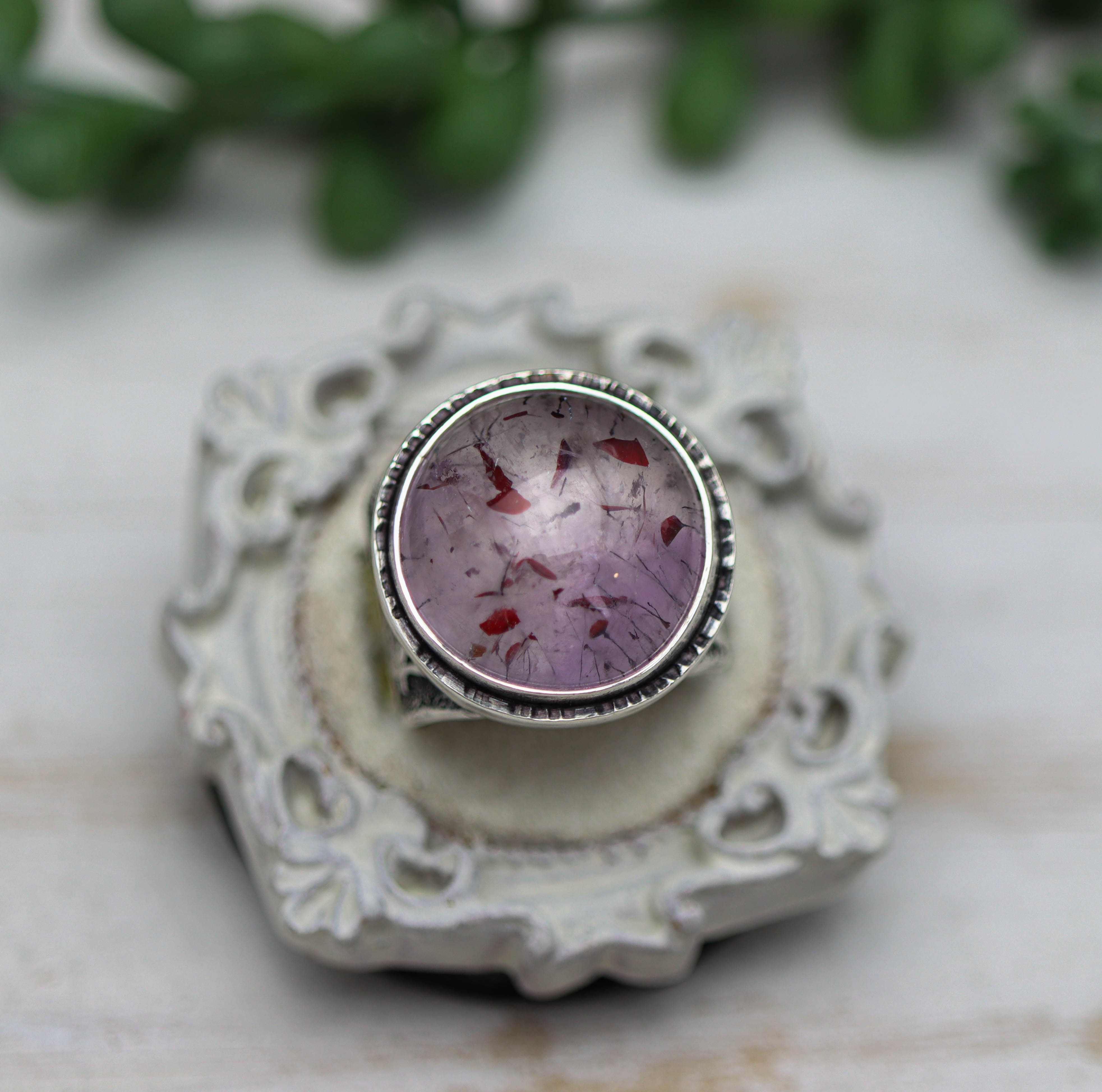 Amethyst with Rutile and Hematite Sterling Silver Wide Band Ring