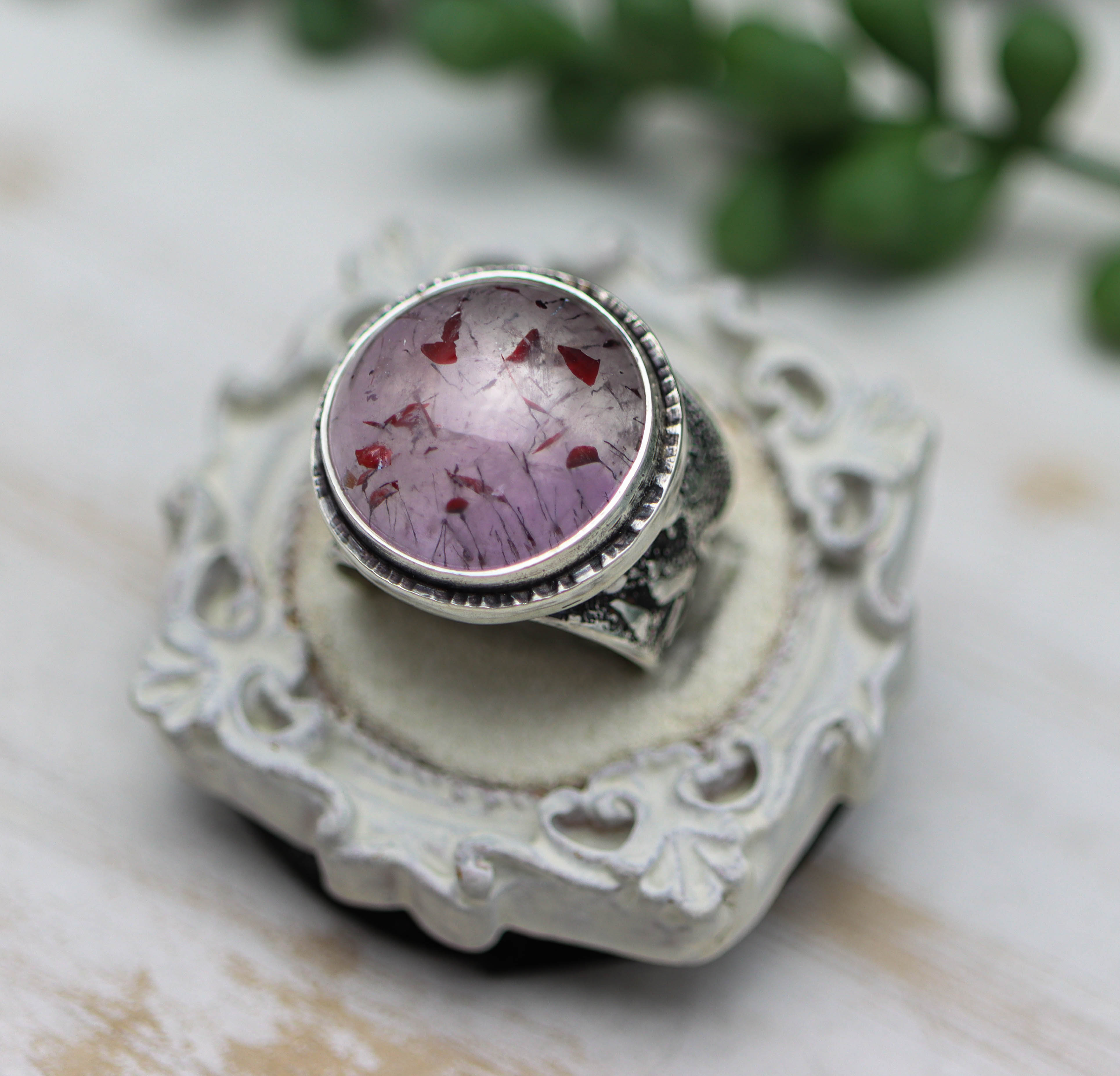 Amethyst with Rutile and Hematite Sterling Silver Wide Band Ring
