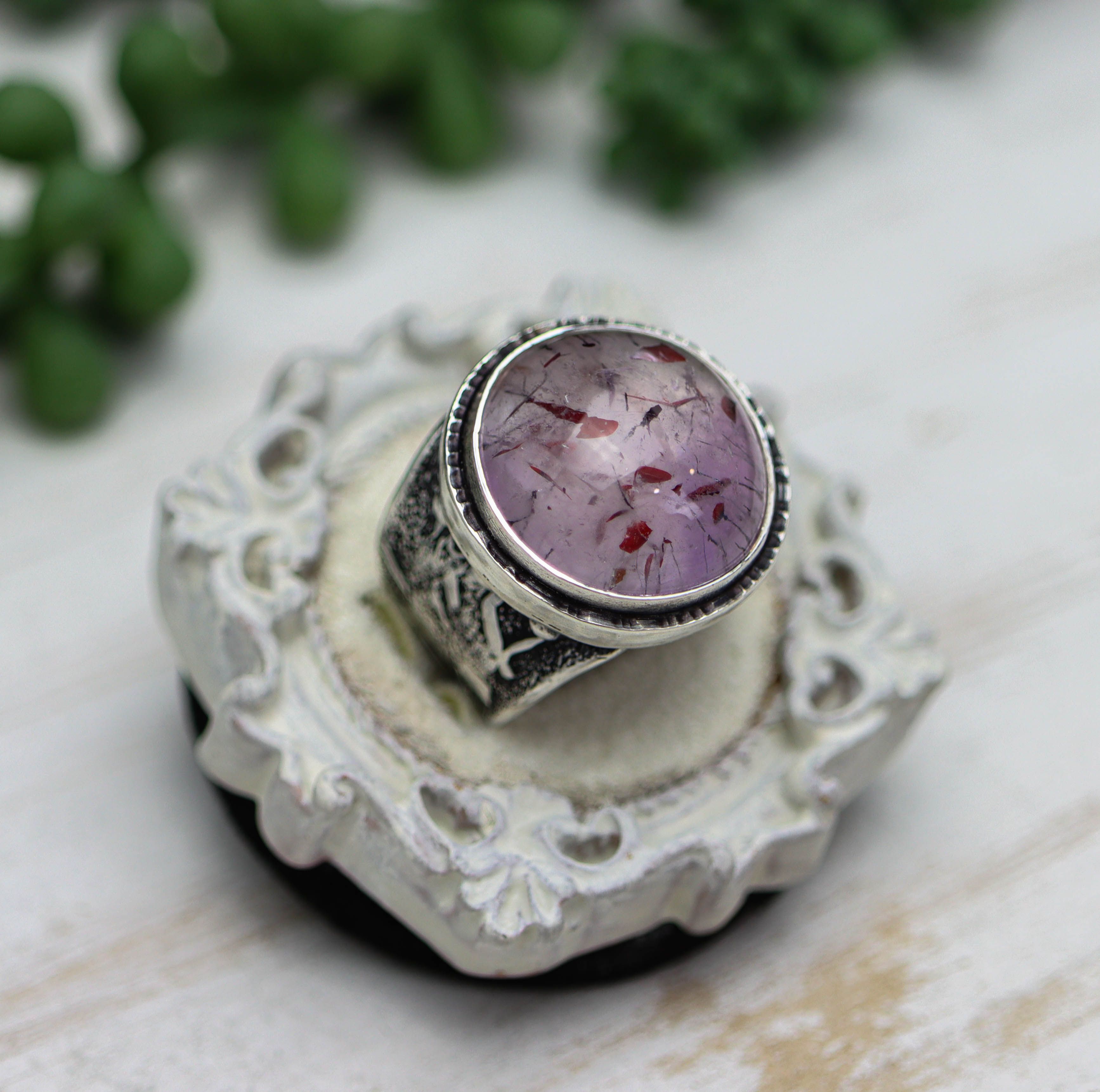 Amethyst with Rutile and Hematite Sterling Silver Wide Band Ring