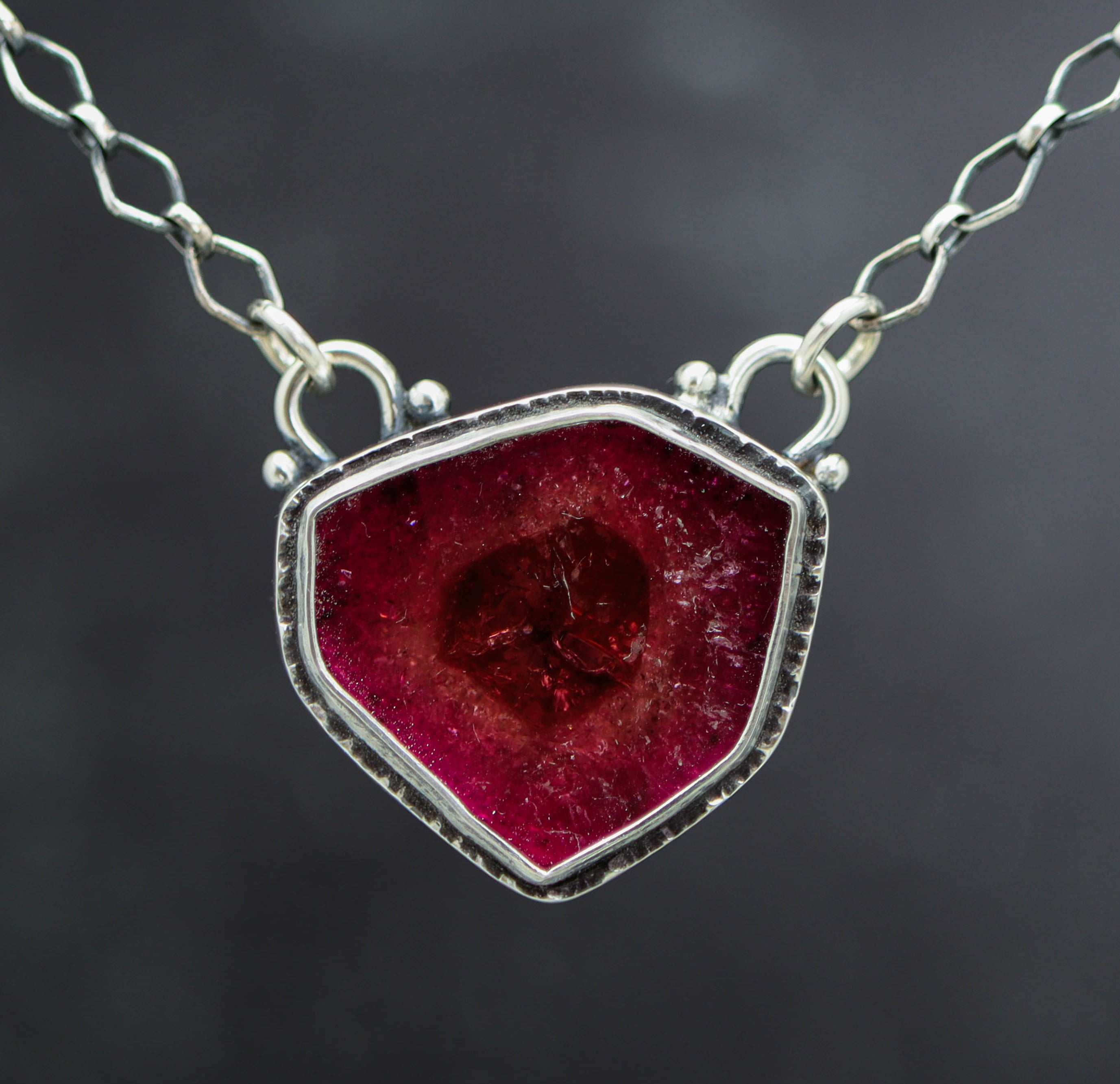 Pink Watermelon Tourmaline Slice Pendant Necklace in Sterling Silver