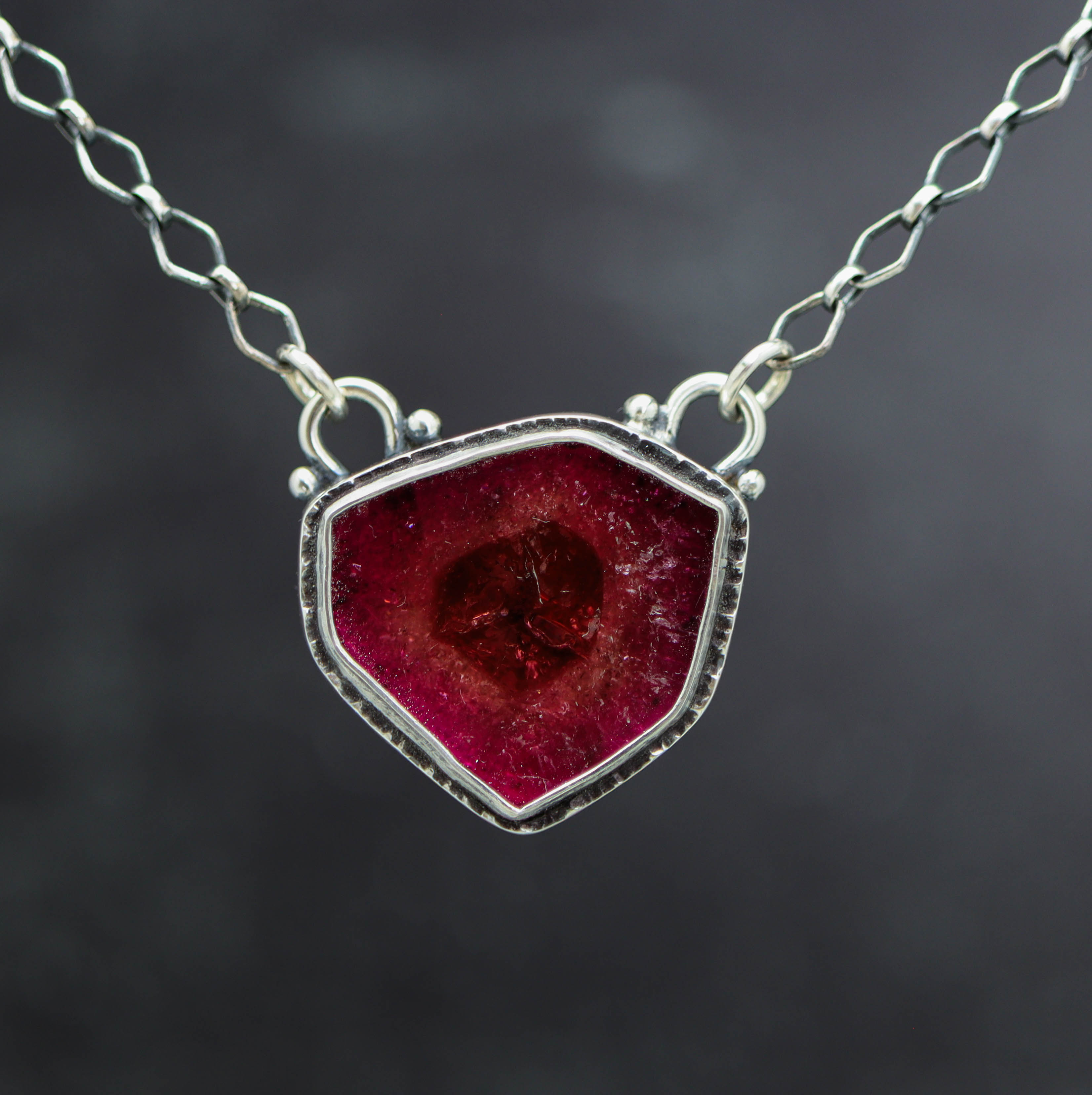 Pink Watermelon Tourmaline Slice Pendant Necklace in Sterling Silver