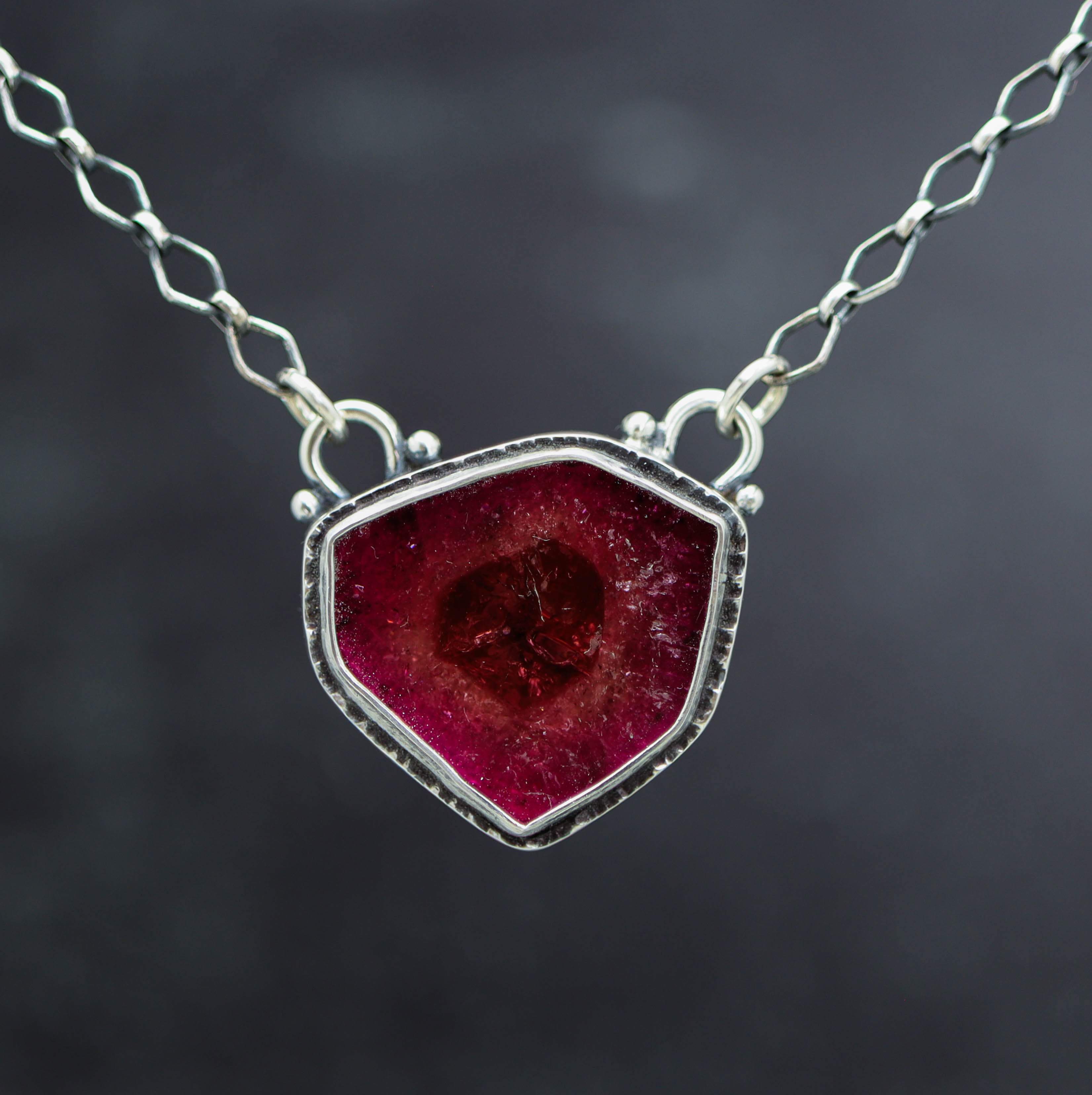Pink Watermelon Tourmaline Slice Pendant Necklace in Sterling Silver