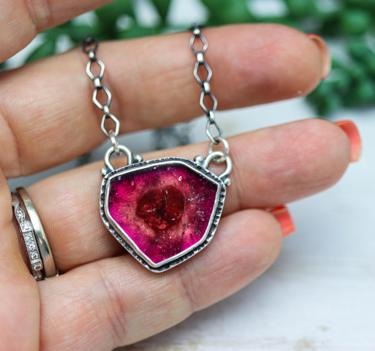 Pink Watermelon Tourmaline Slice Pendant Necklace in Sterling Silver