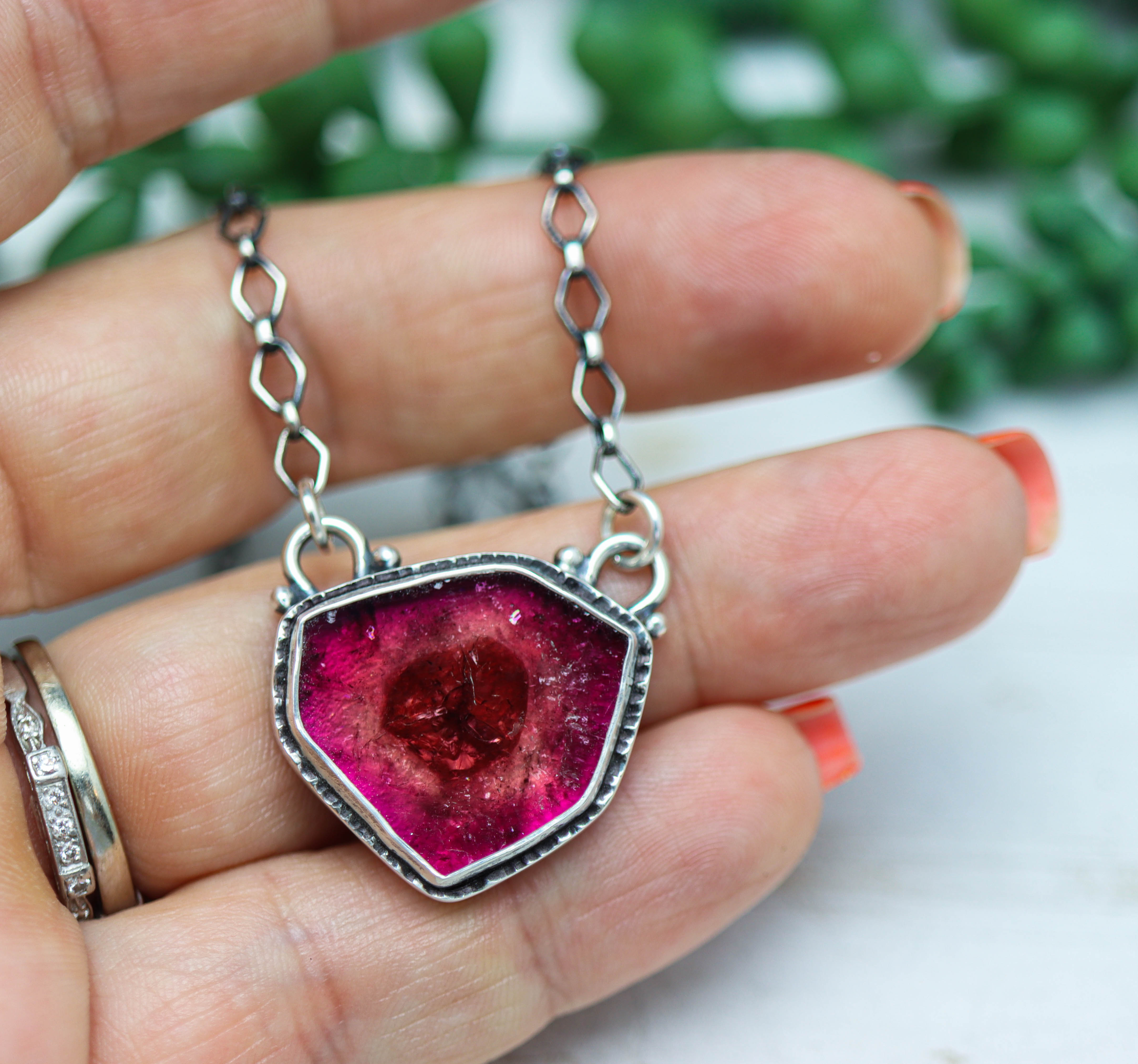 Pink Watermelon Tourmaline Slice Pendant Necklace in Sterling Silver