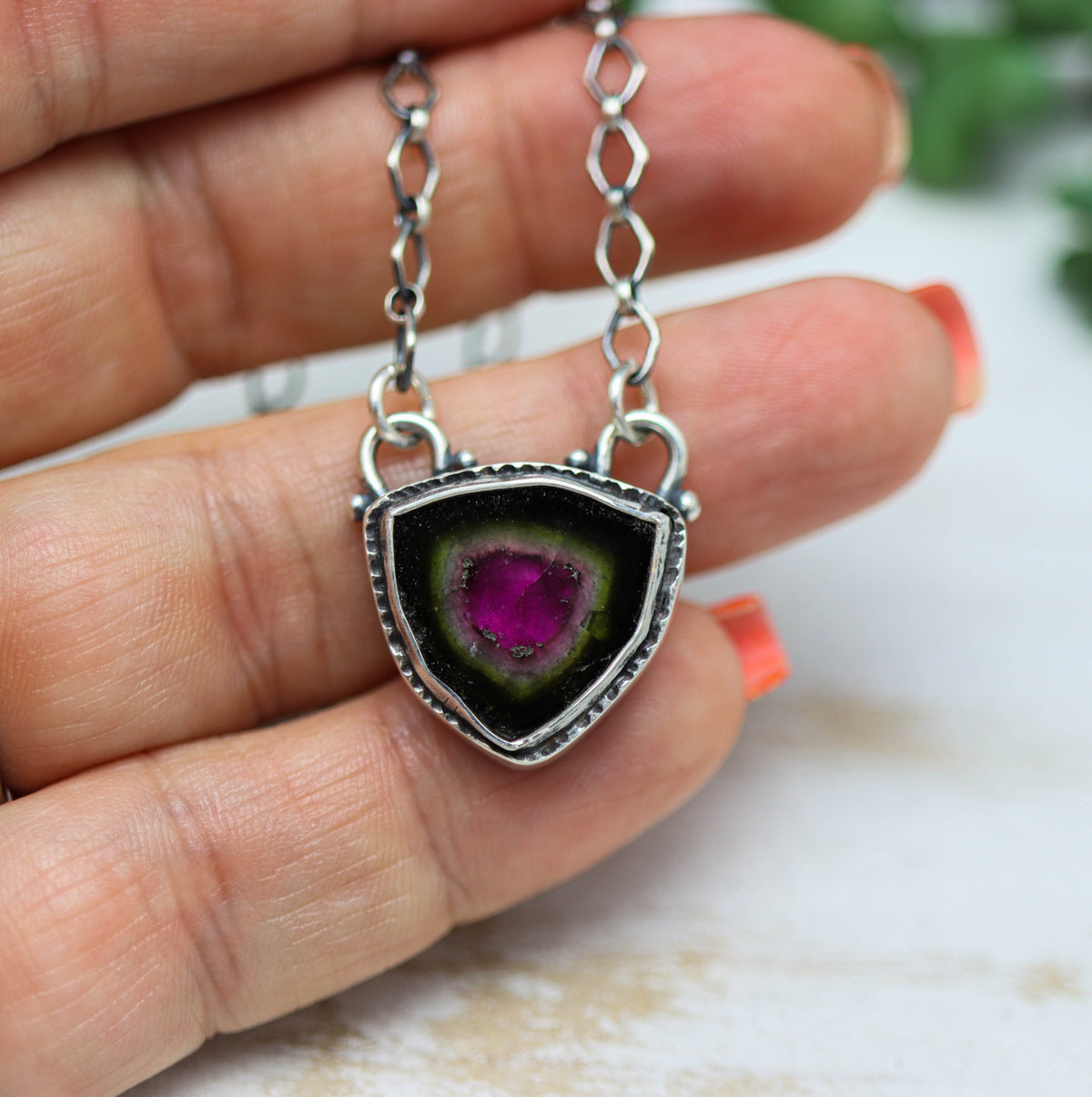 Watermelon Tourmaline Slice Pendant Necklace in Sterling Silver