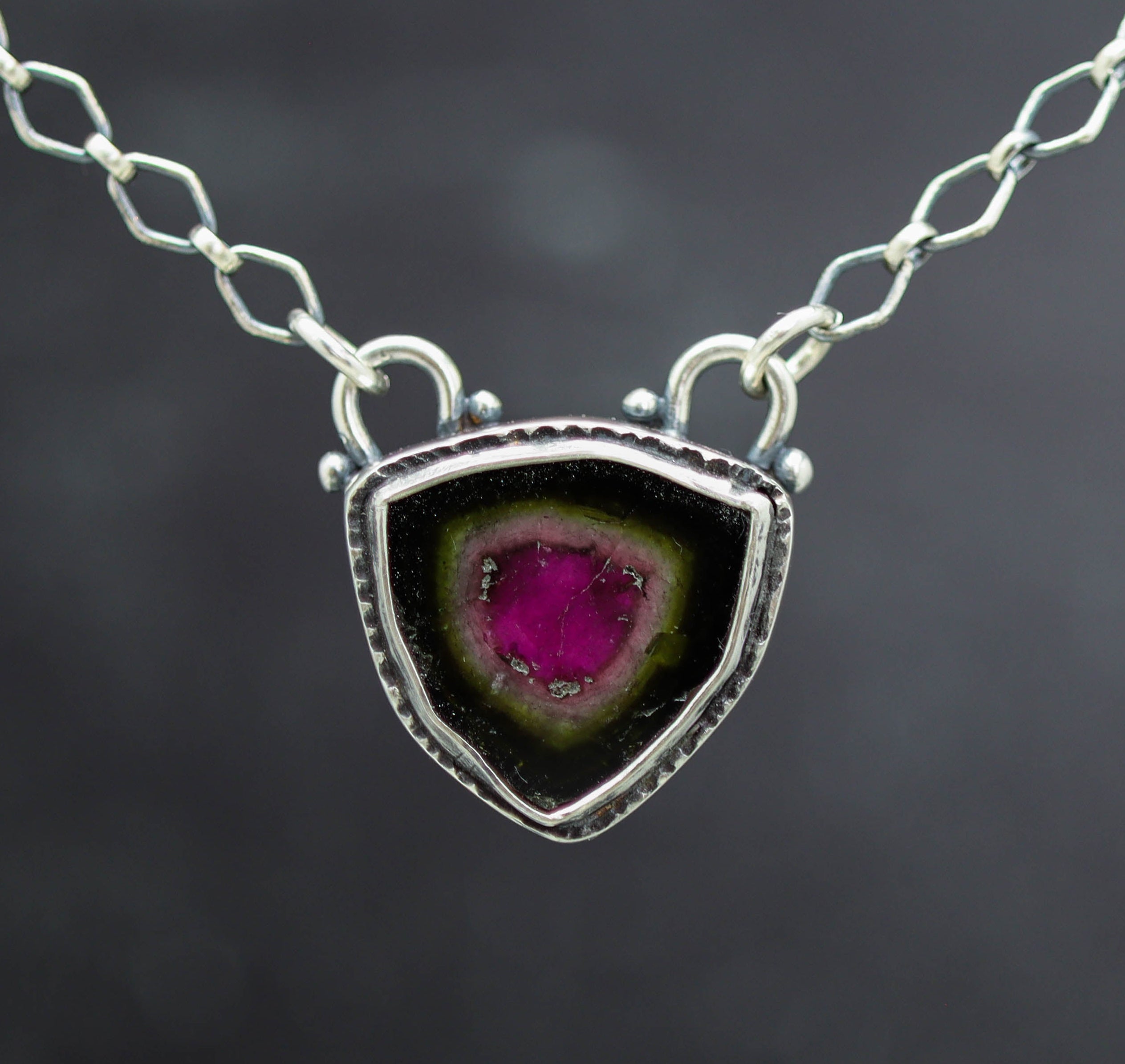 Watermelon Tourmaline Slice Pendant Necklace in Sterling Silver
