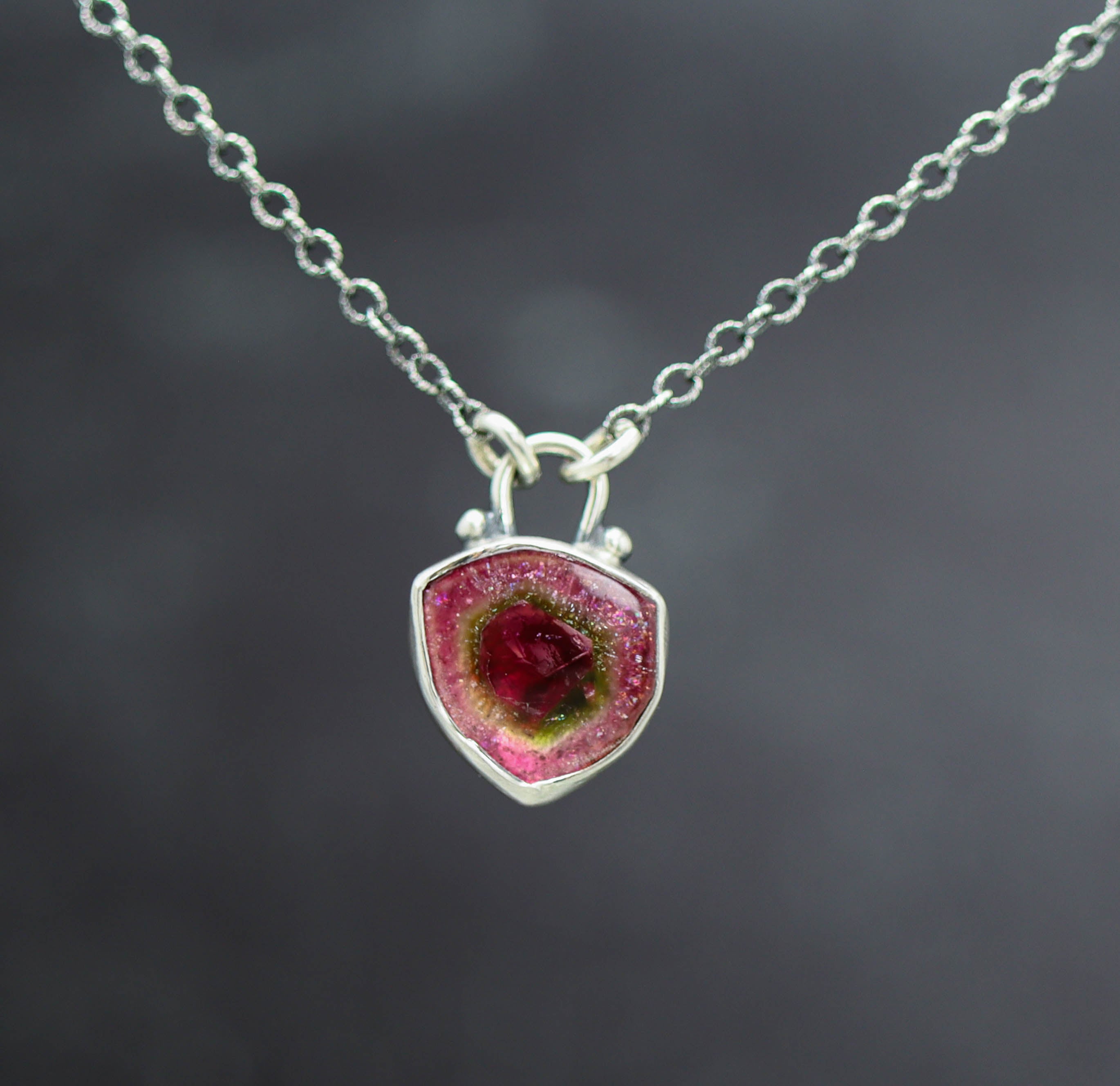 Watermelon Tourmaline Slice Pendant Necklace in Sterling Silver