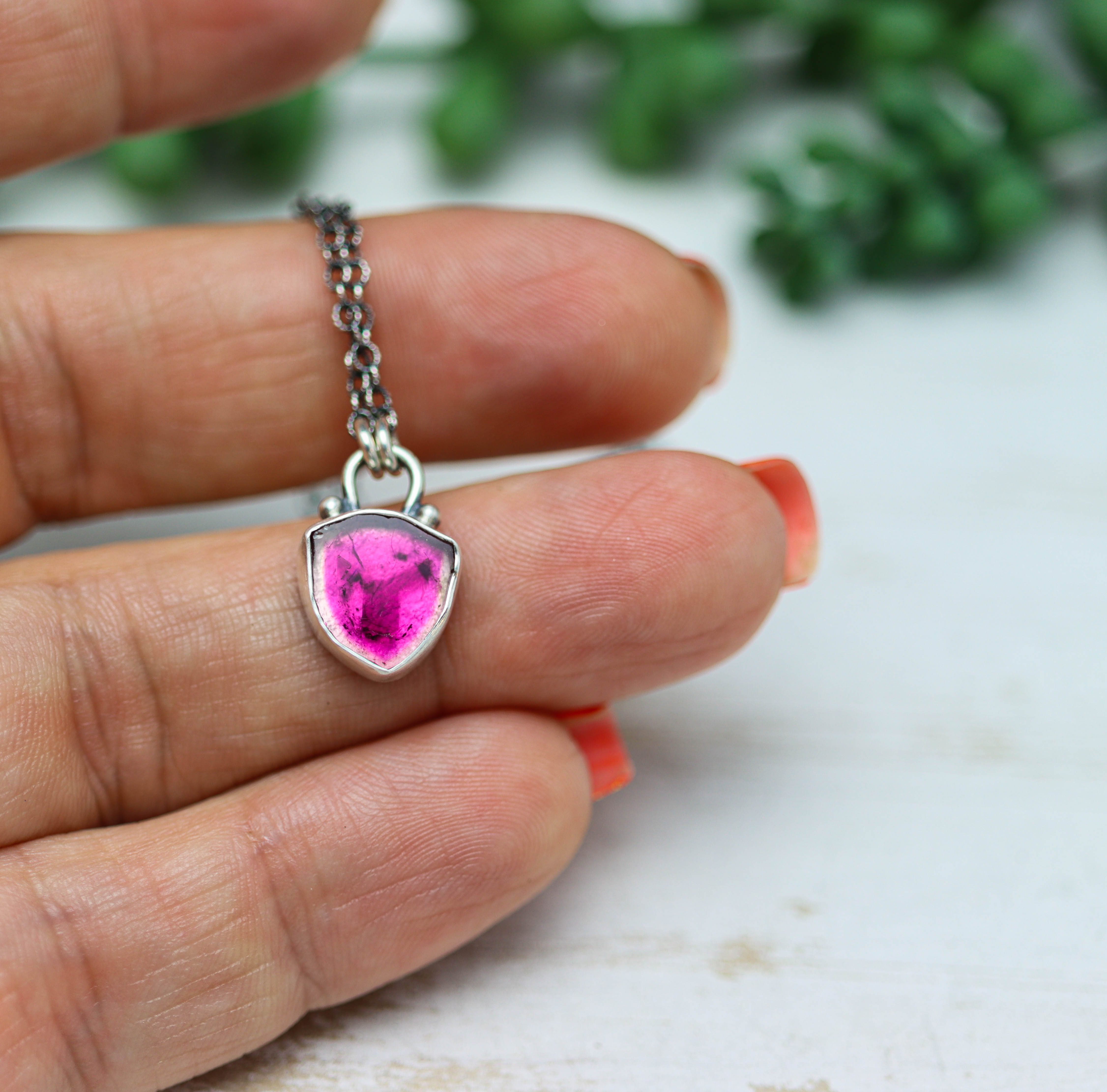 Pink Tourmaline Slice Pendant Necklace in Sterling Silver