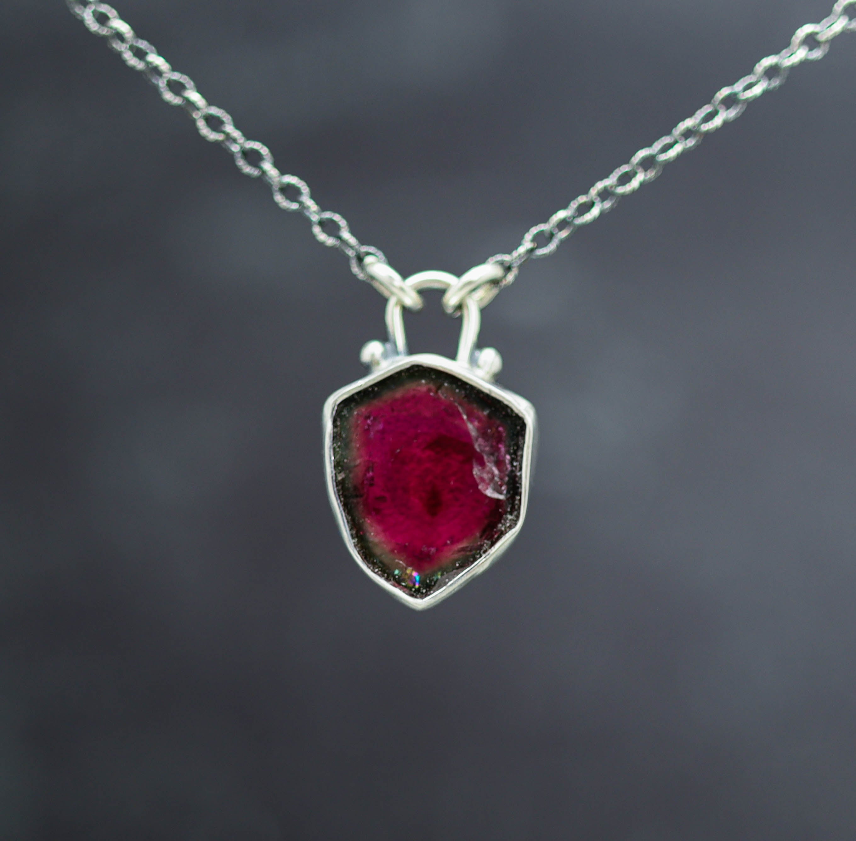 Watermelon Tourmaline Slice Pendant Necklace in Sterling Silver